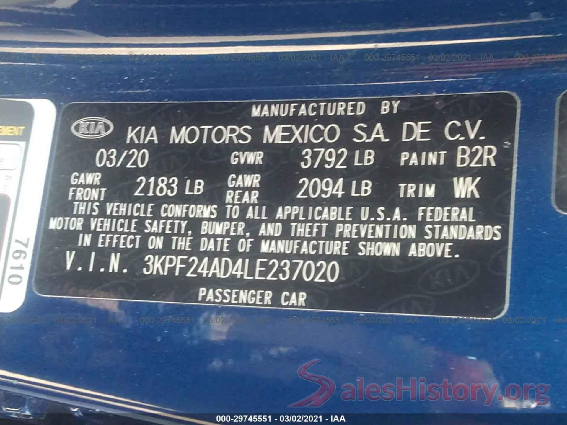 3KPF24AD4LE237020 2020 KIA FORTE