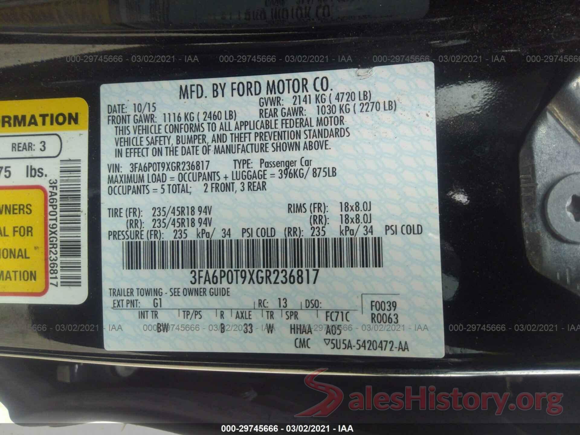 3FA6P0T9XGR236817 2016 FORD FUSION