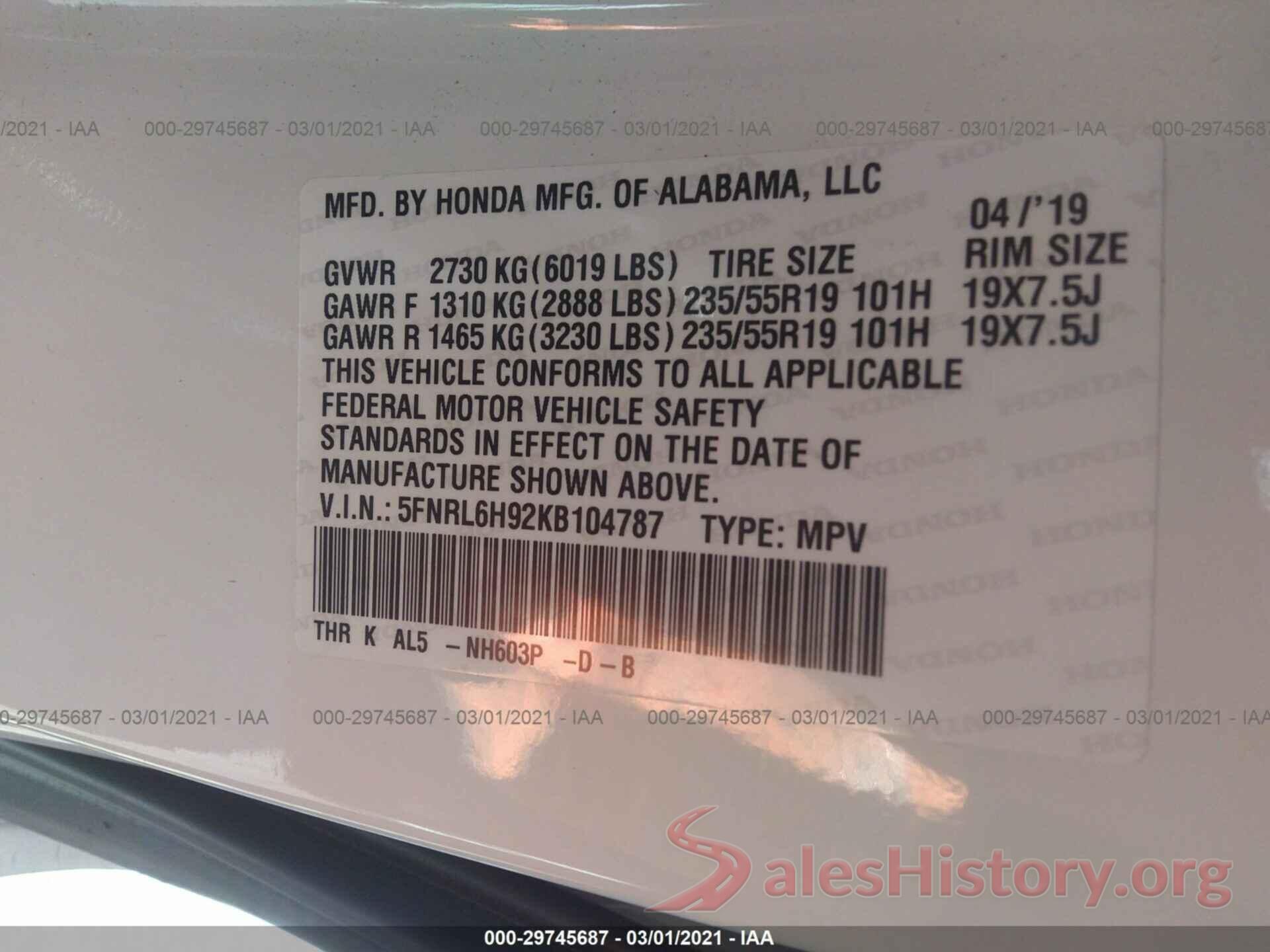 5FNRL6H92KB104787 2019 HONDA ODYSSEY