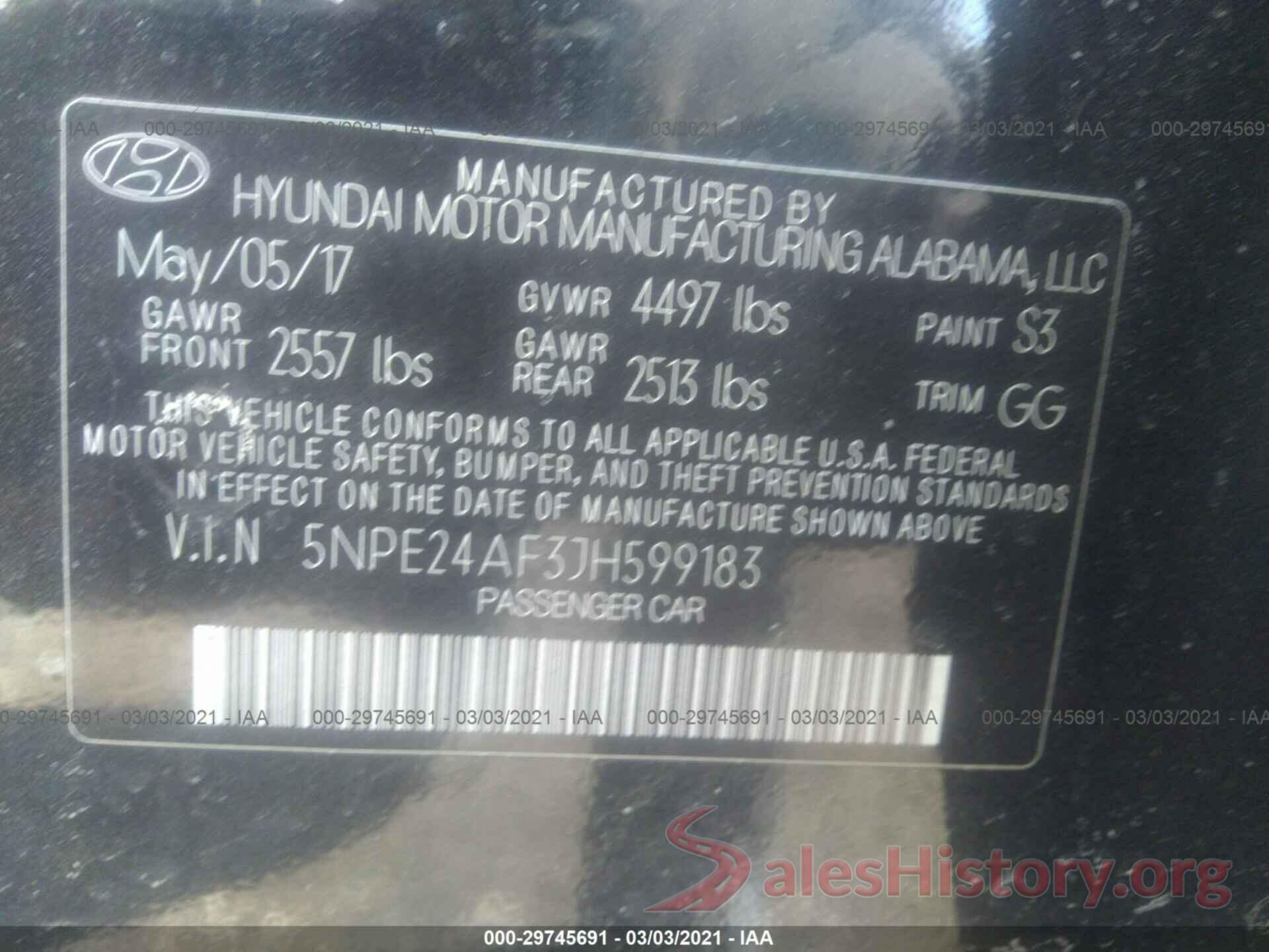 5NPE24AF3JH599183 2018 HYUNDAI SONATA