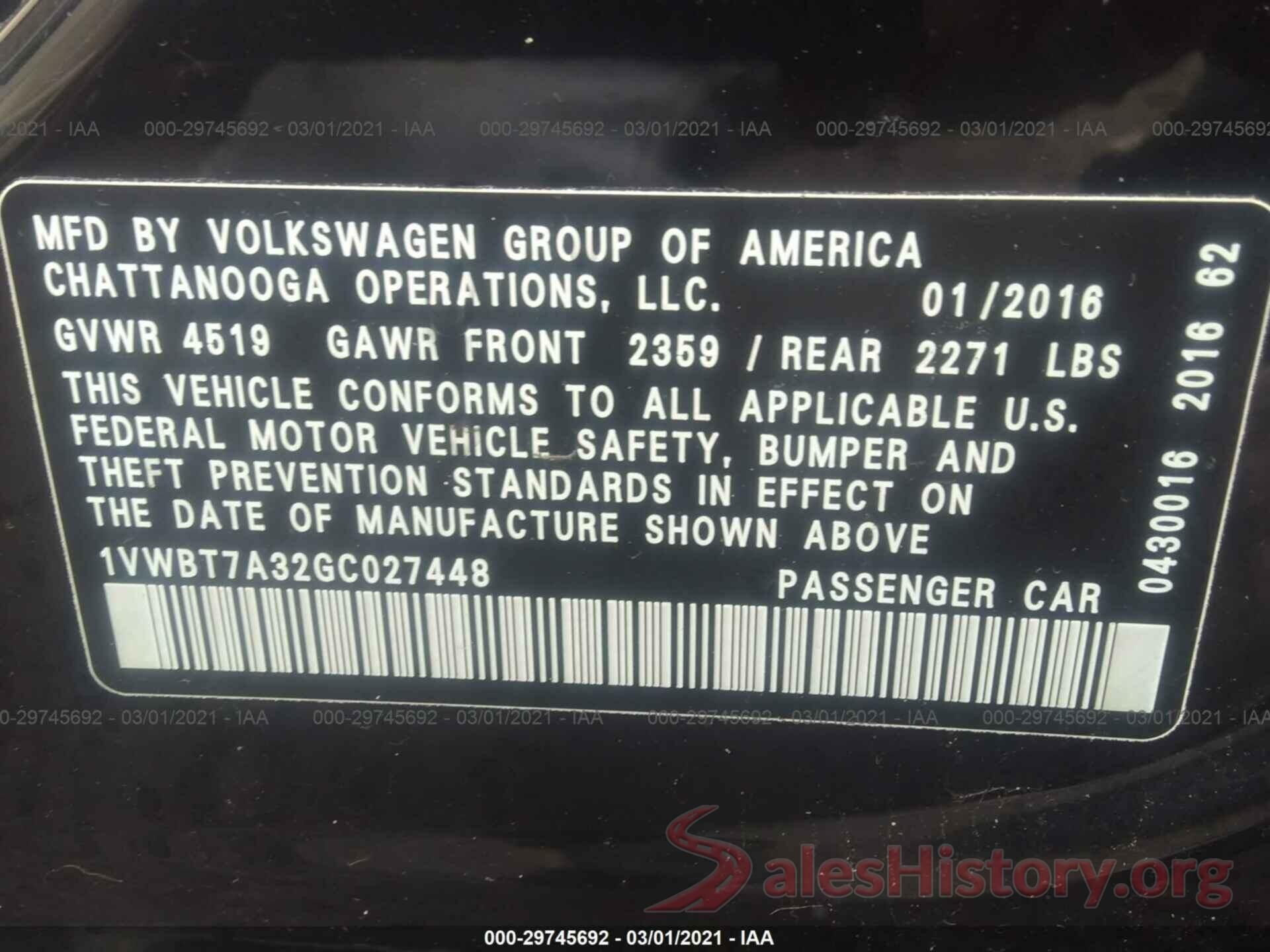 1VWBT7A32GC027448 2016 VOLKSWAGEN PASSAT