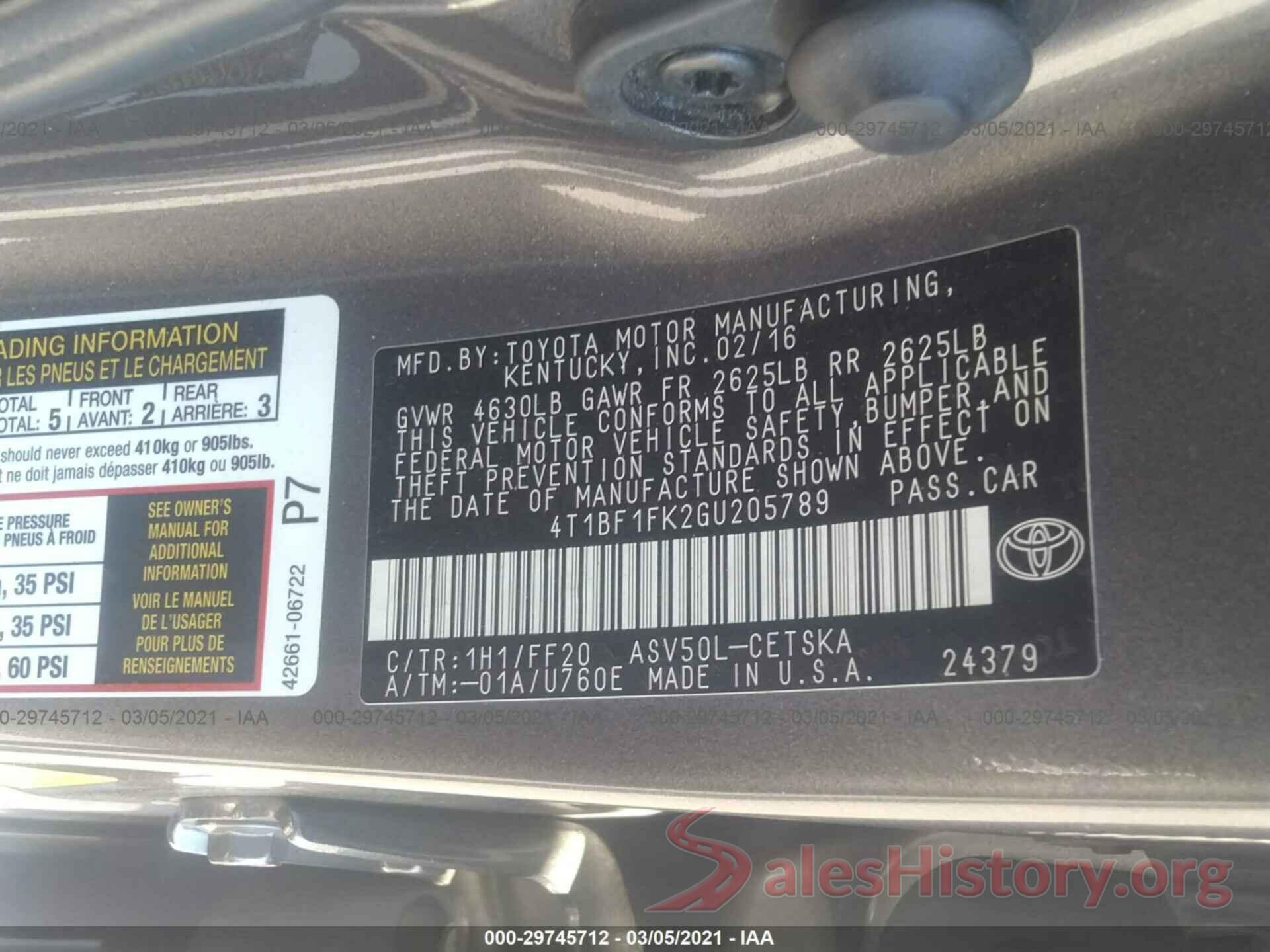 4T1BF1FK2GU205789 2016 TOYOTA CAMRY