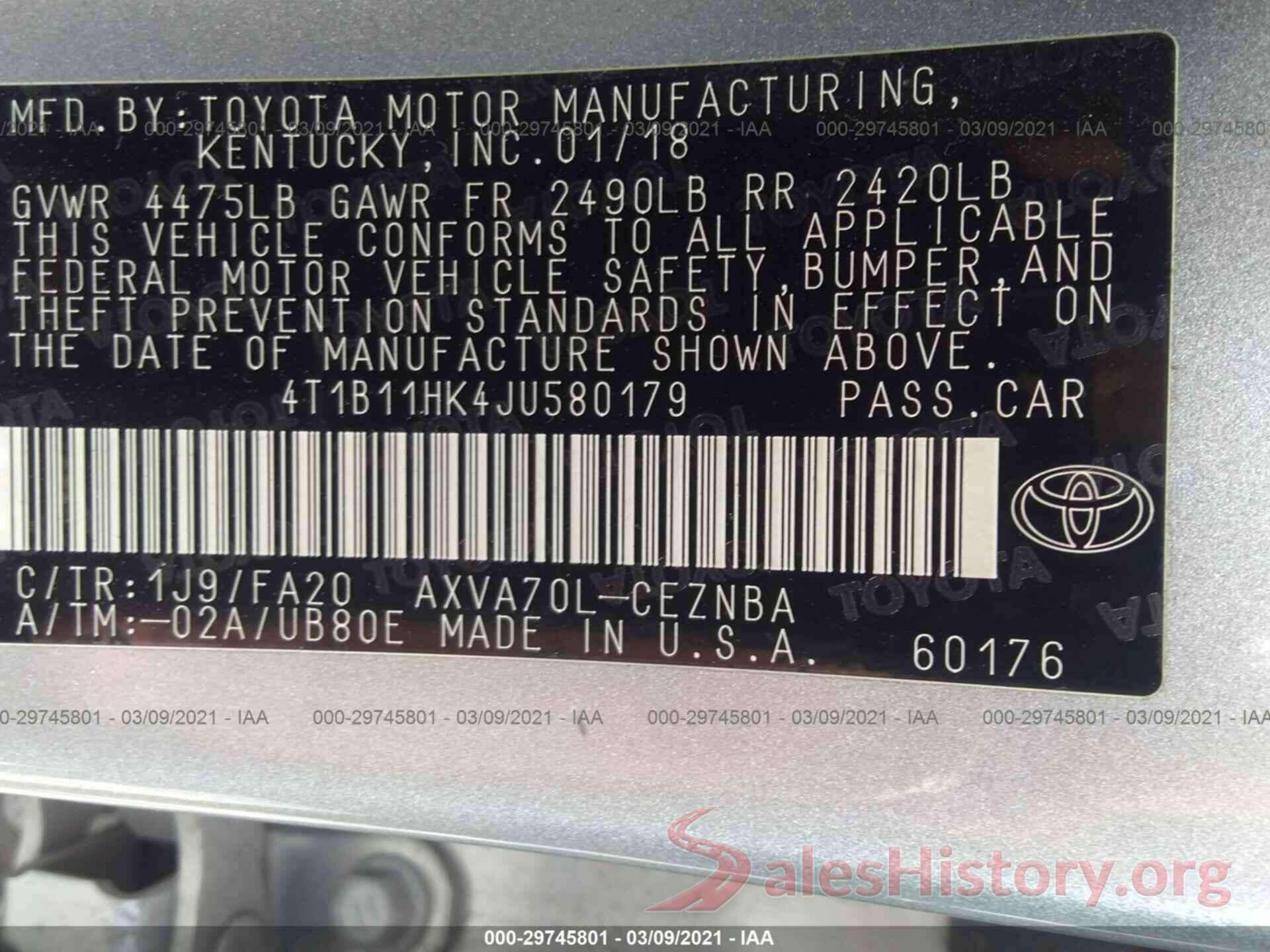 4T1B11HK4JU580179 2018 TOYOTA CAMRY