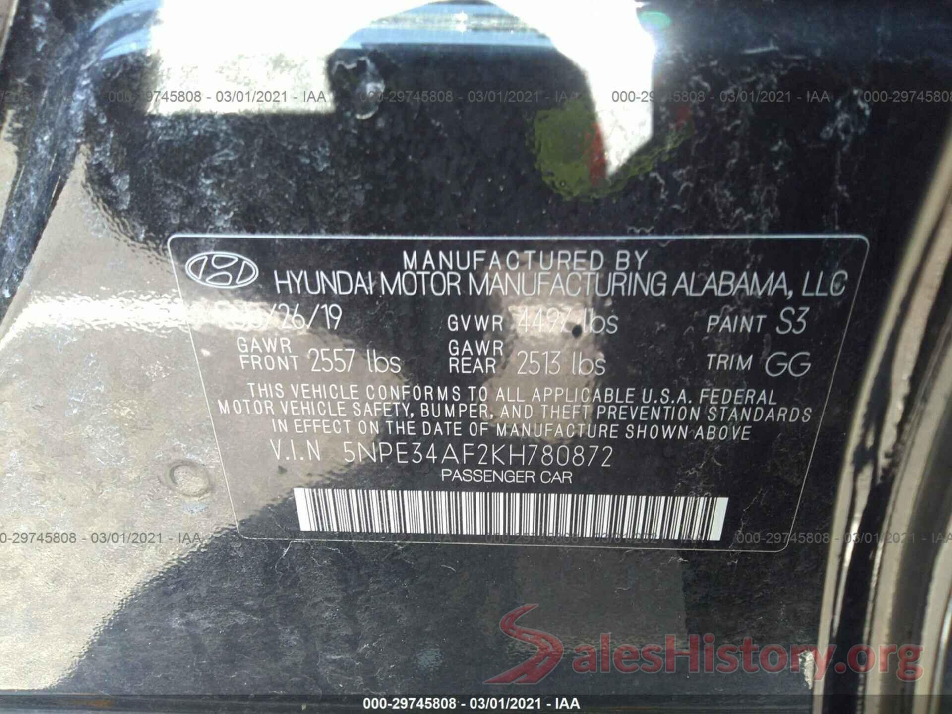 5NPE34AF2KH780872 2019 HYUNDAI SONATA