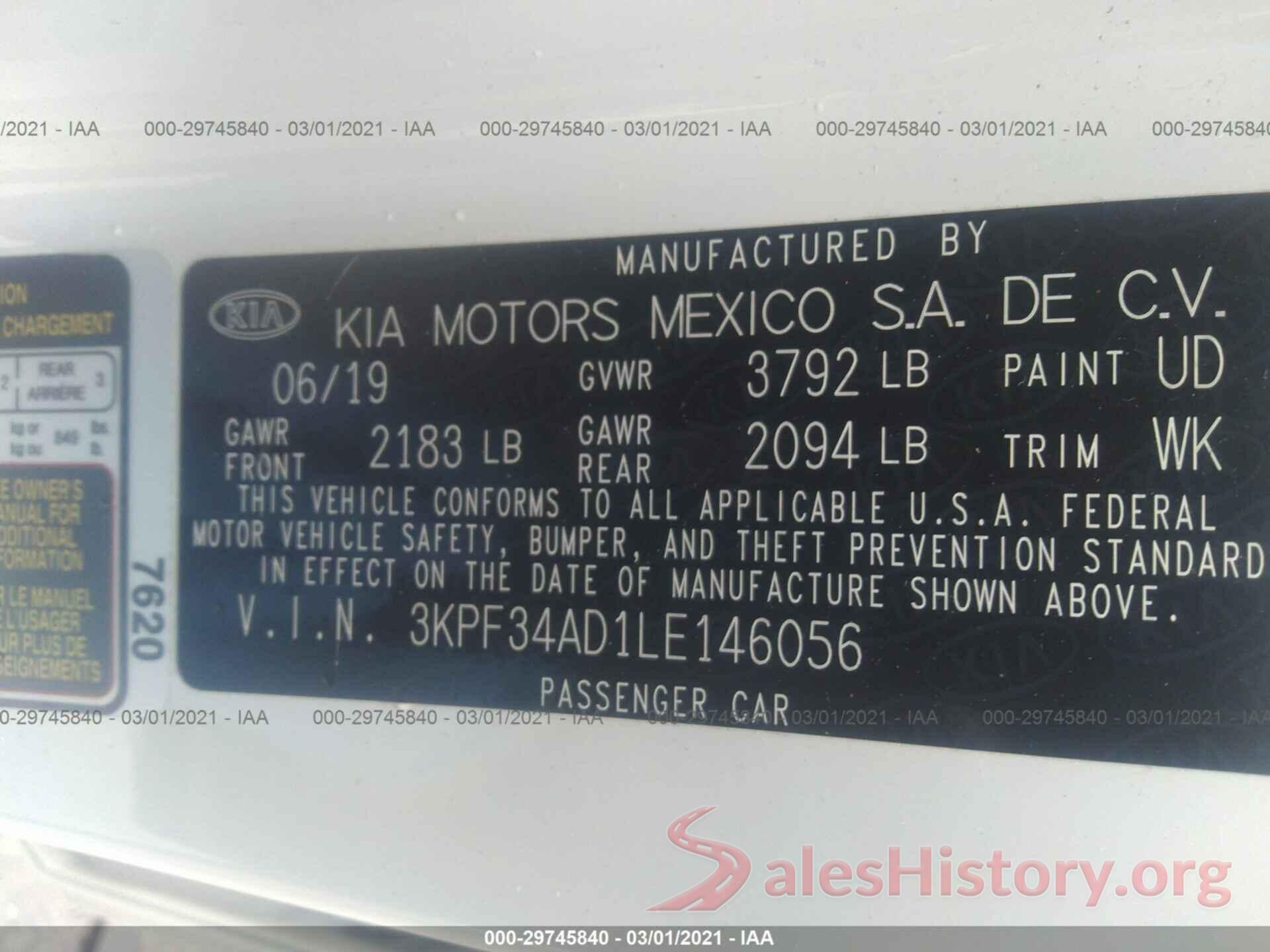 3KPF34AD1LE146056 2020 KIA FORTE