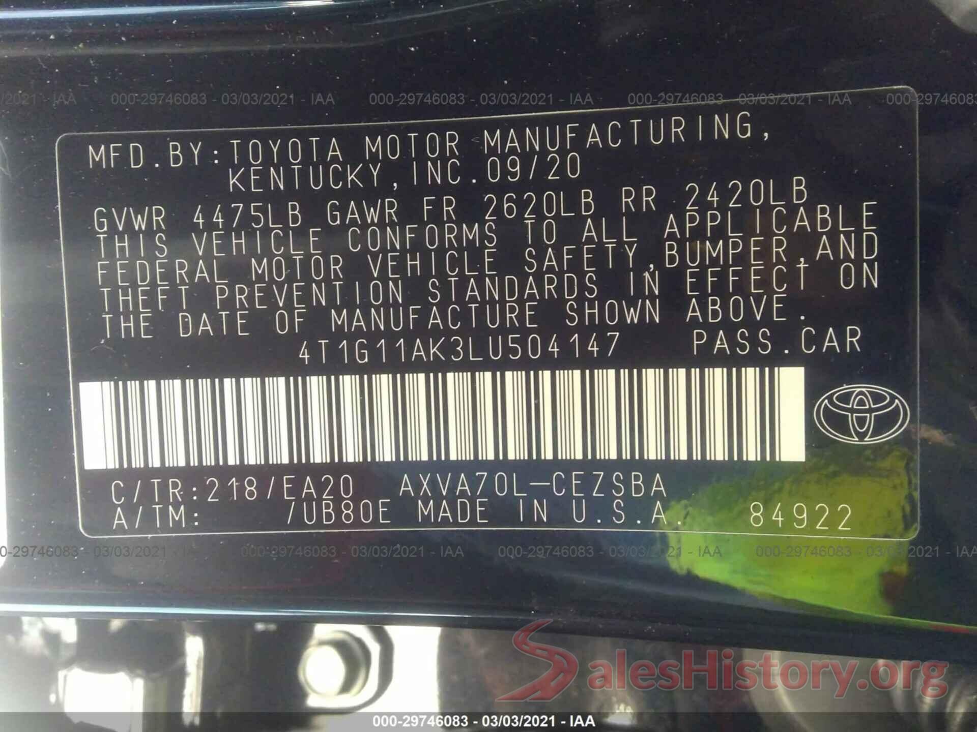 4T1G11AK3LU504147 2020 TOYOTA CAMRY