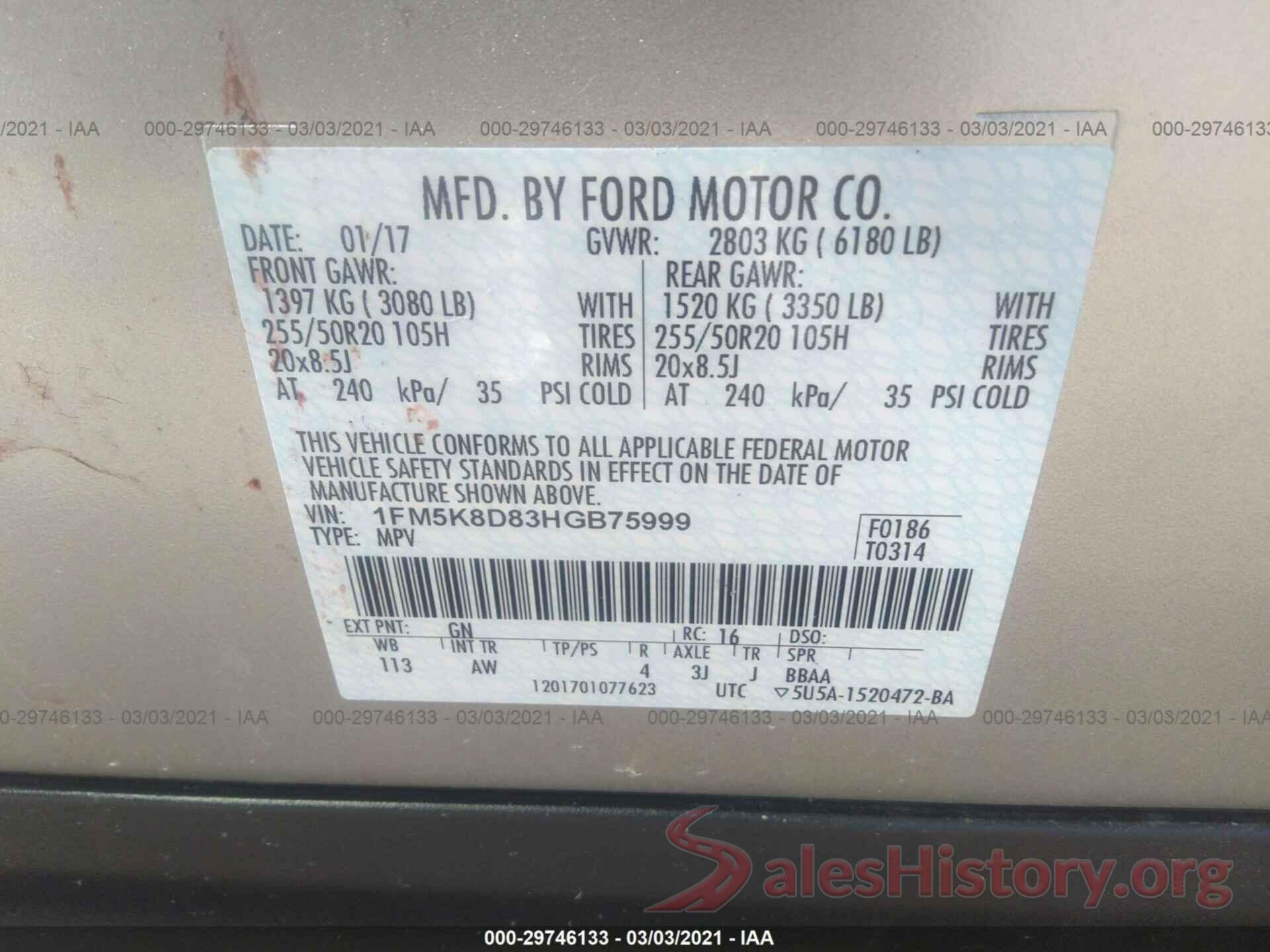 1FM5K8D83HGB75999 2017 FORD EXPLORER