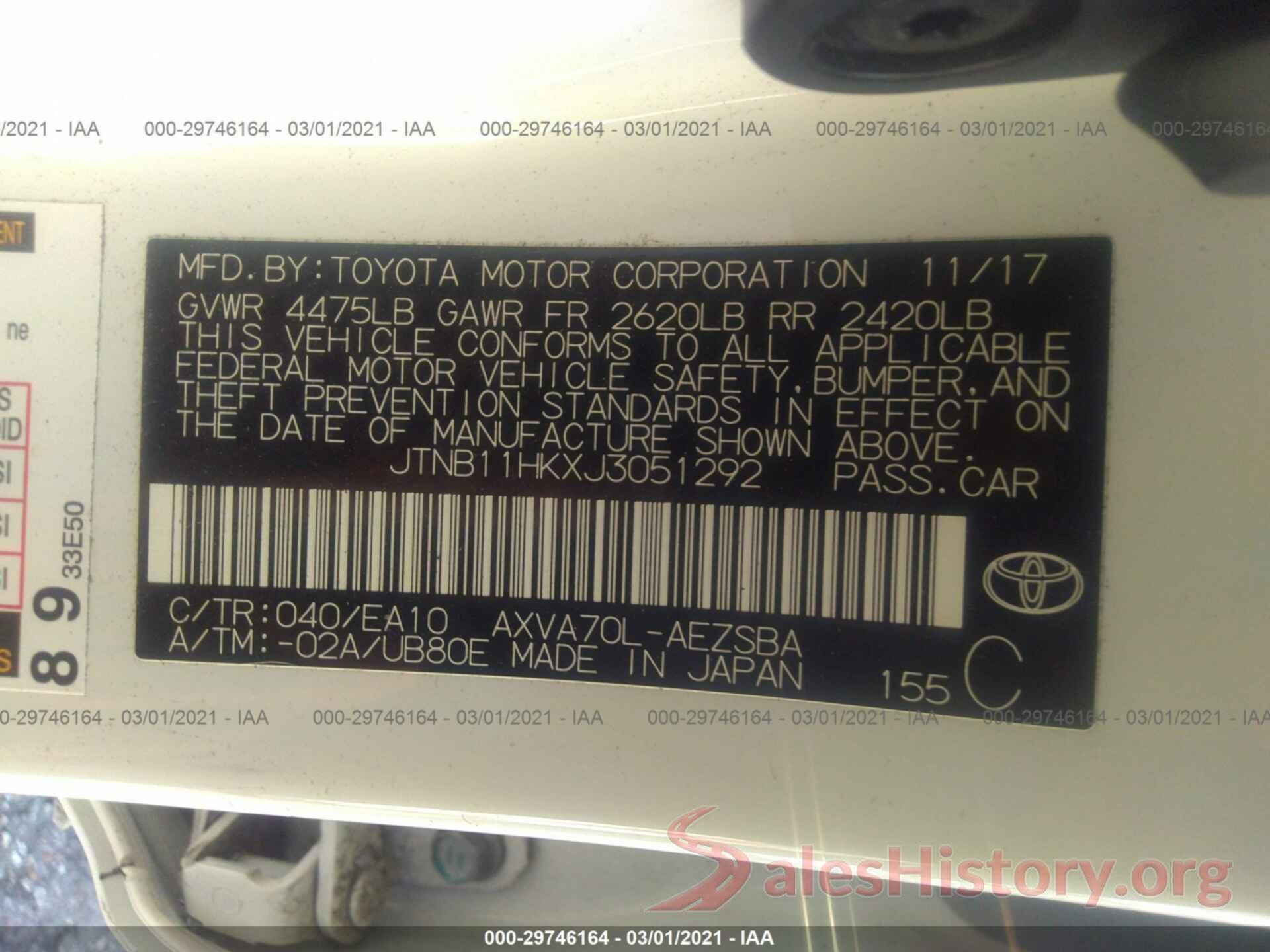 JTNB11HKXJ3051292 2018 TOYOTA CAMRY