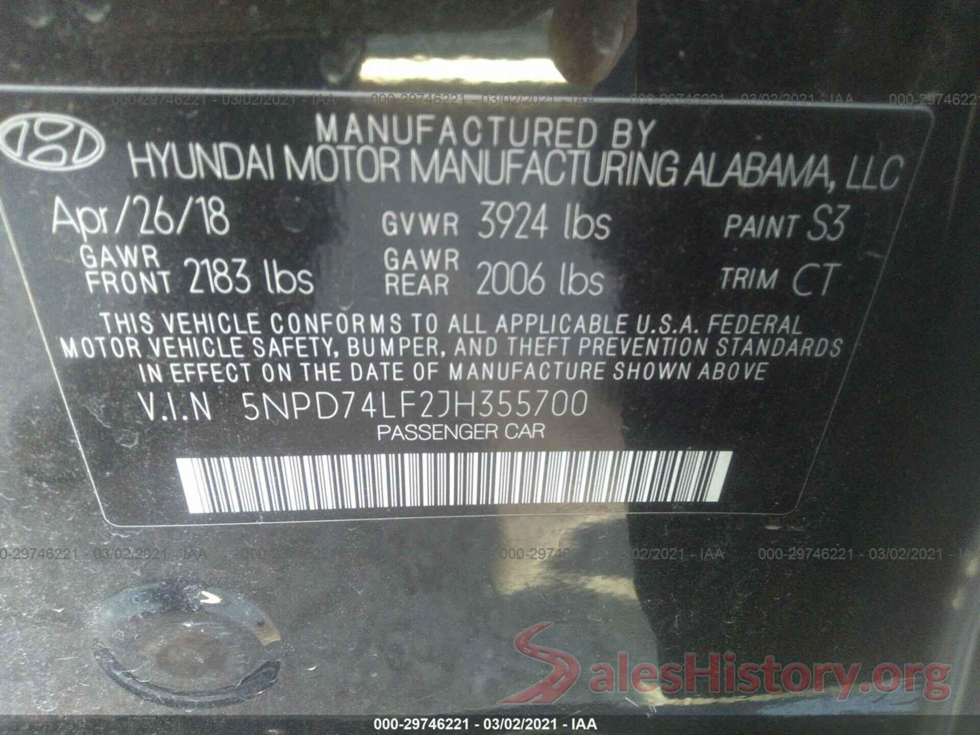 5NPD74LF2JH355700 2018 HYUNDAI ELANTRA