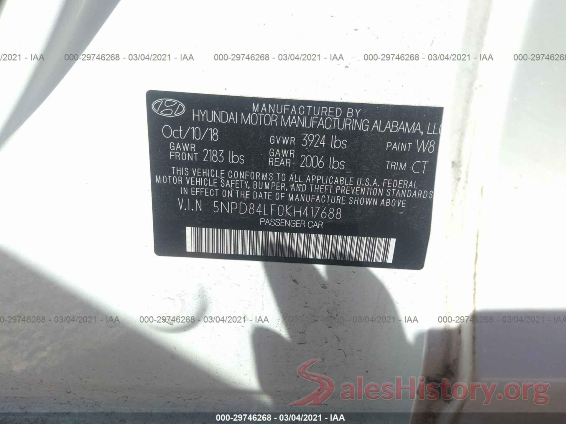 5NPD84LF0KH417688 2019 HYUNDAI ELANTRA