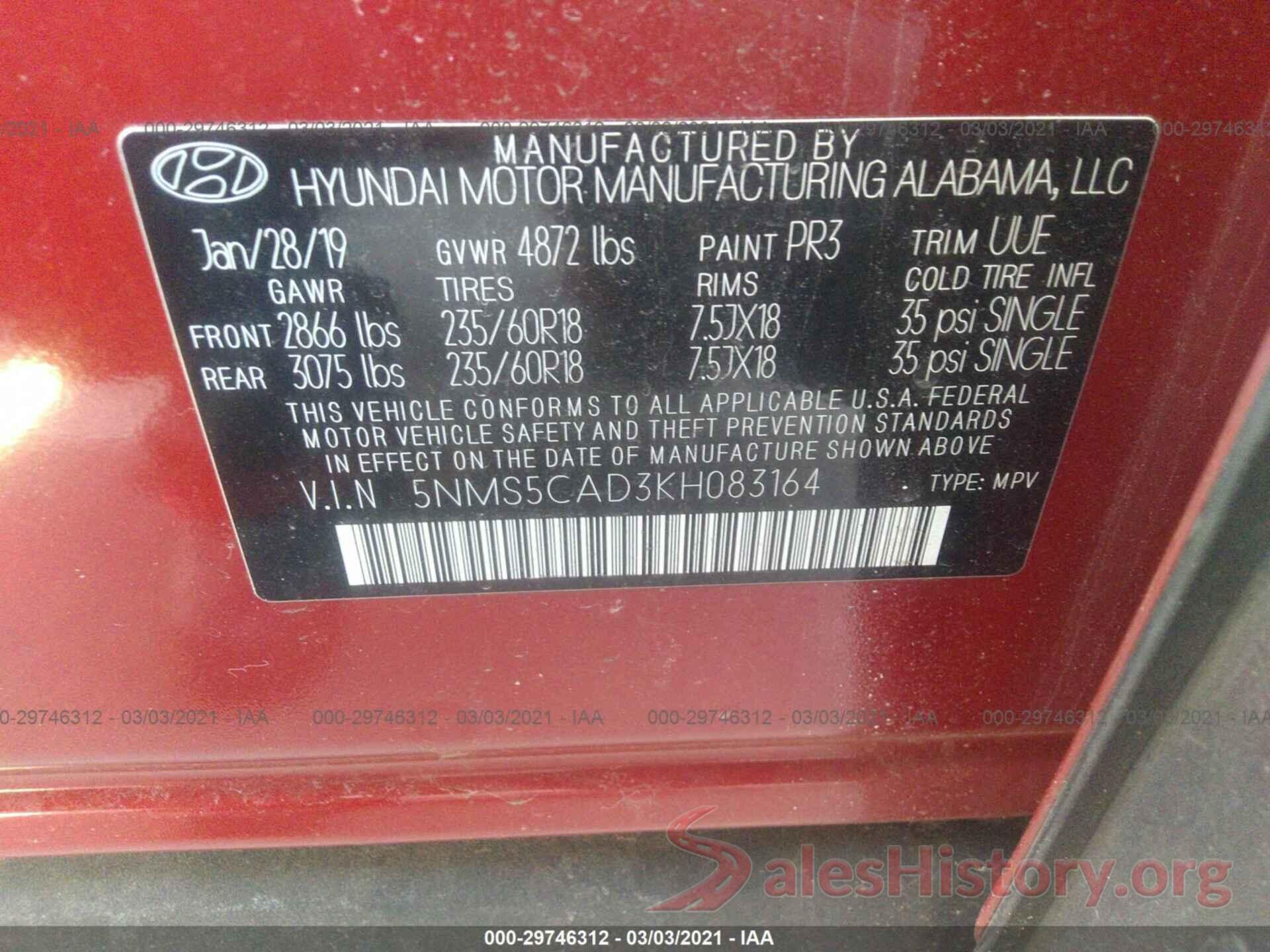 5NMS5CAD3KH083164 2019 HYUNDAI SANTA FE