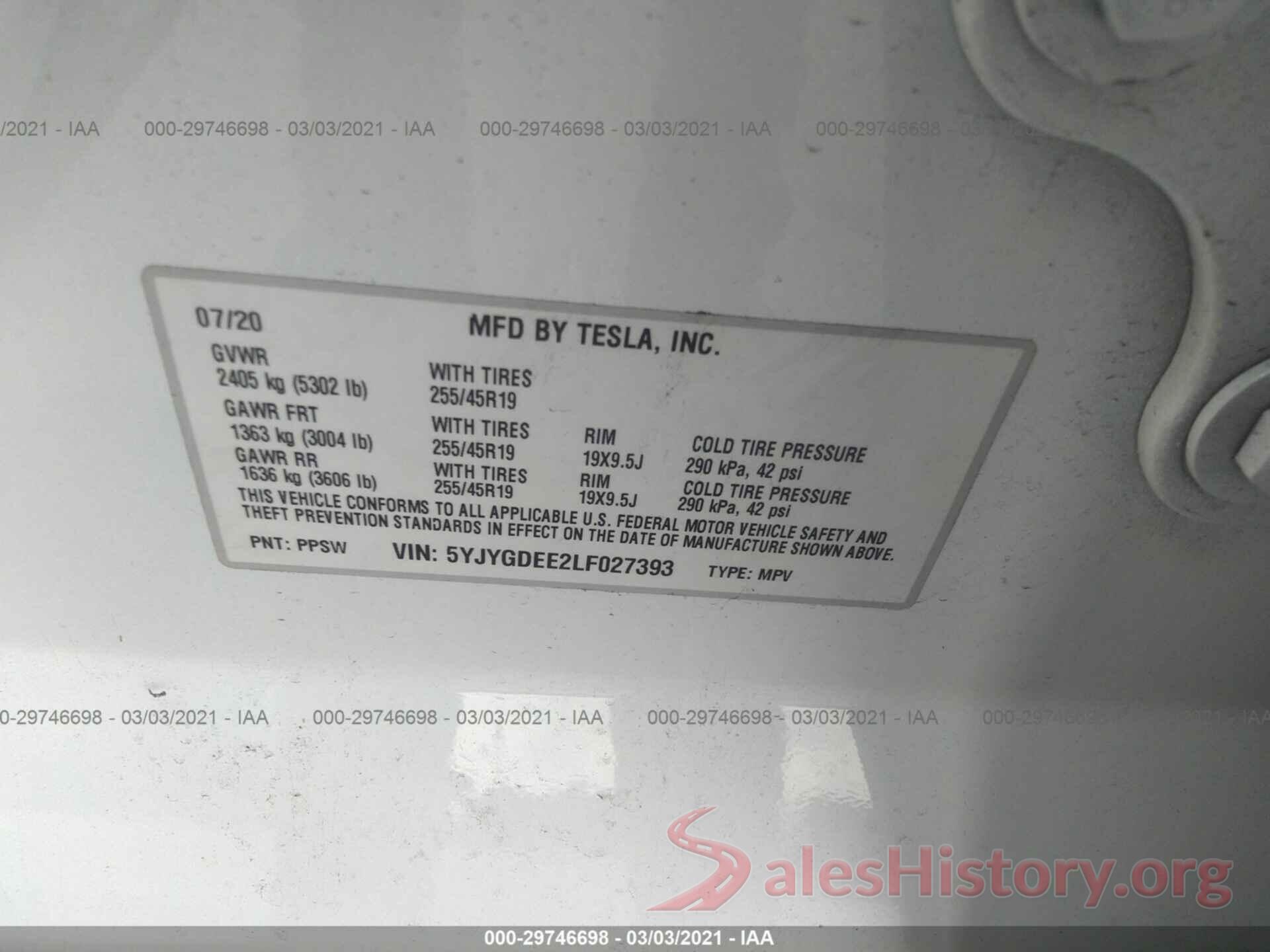 5YJYGDEE2LF027393 2020 TESLA MODEL Y