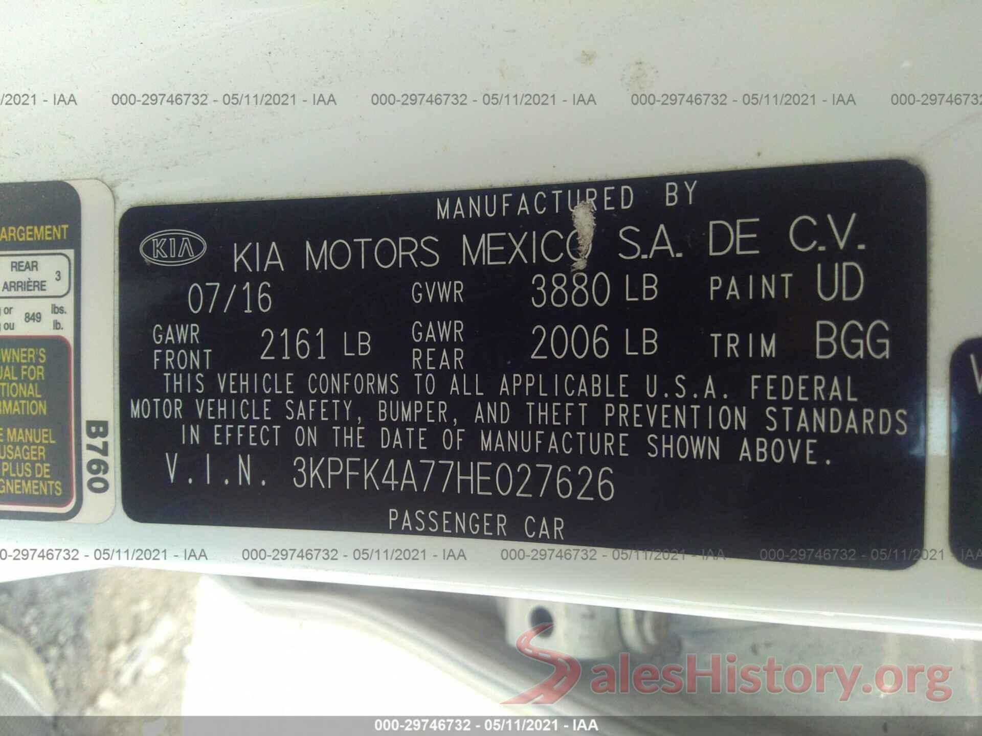 3KPFK4A77HE027626 2017 KIA FORTE