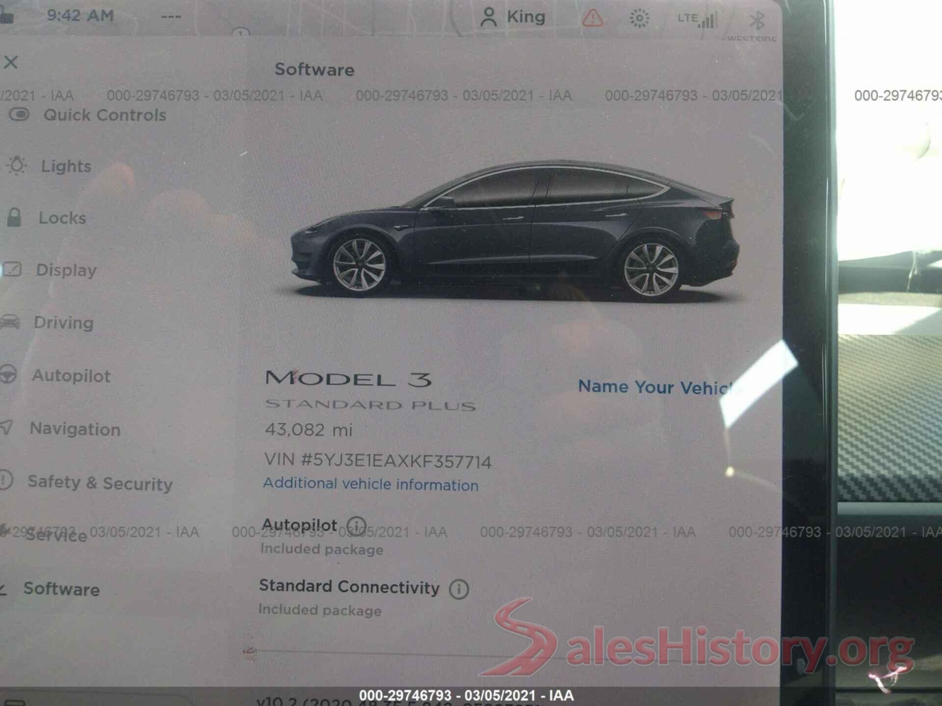 5YJ3E1EAXKF357714 2019 TESLA MODEL 3