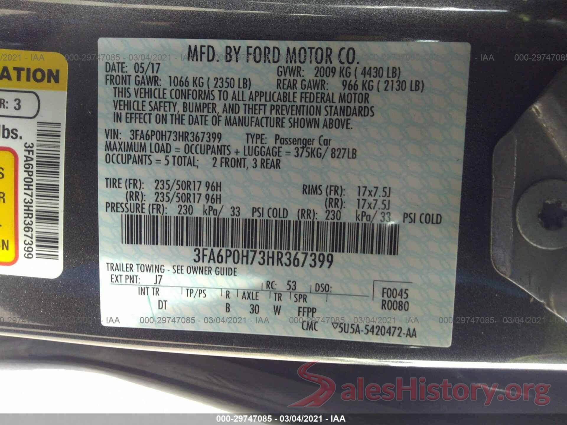 3FA6P0H73HR367399 2017 FORD FUSION