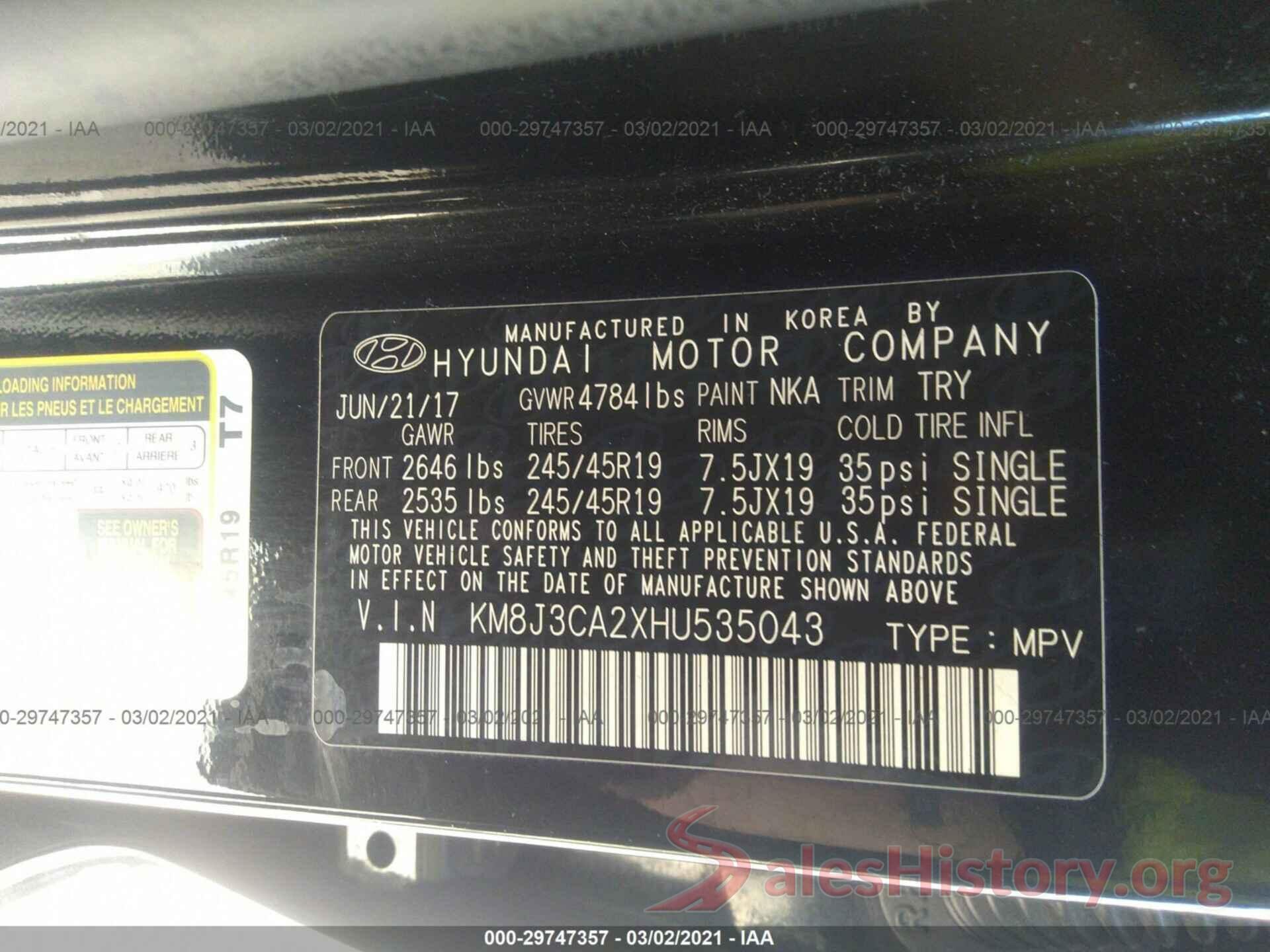 KM8J3CA2XHU535043 2017 HYUNDAI TUCSON