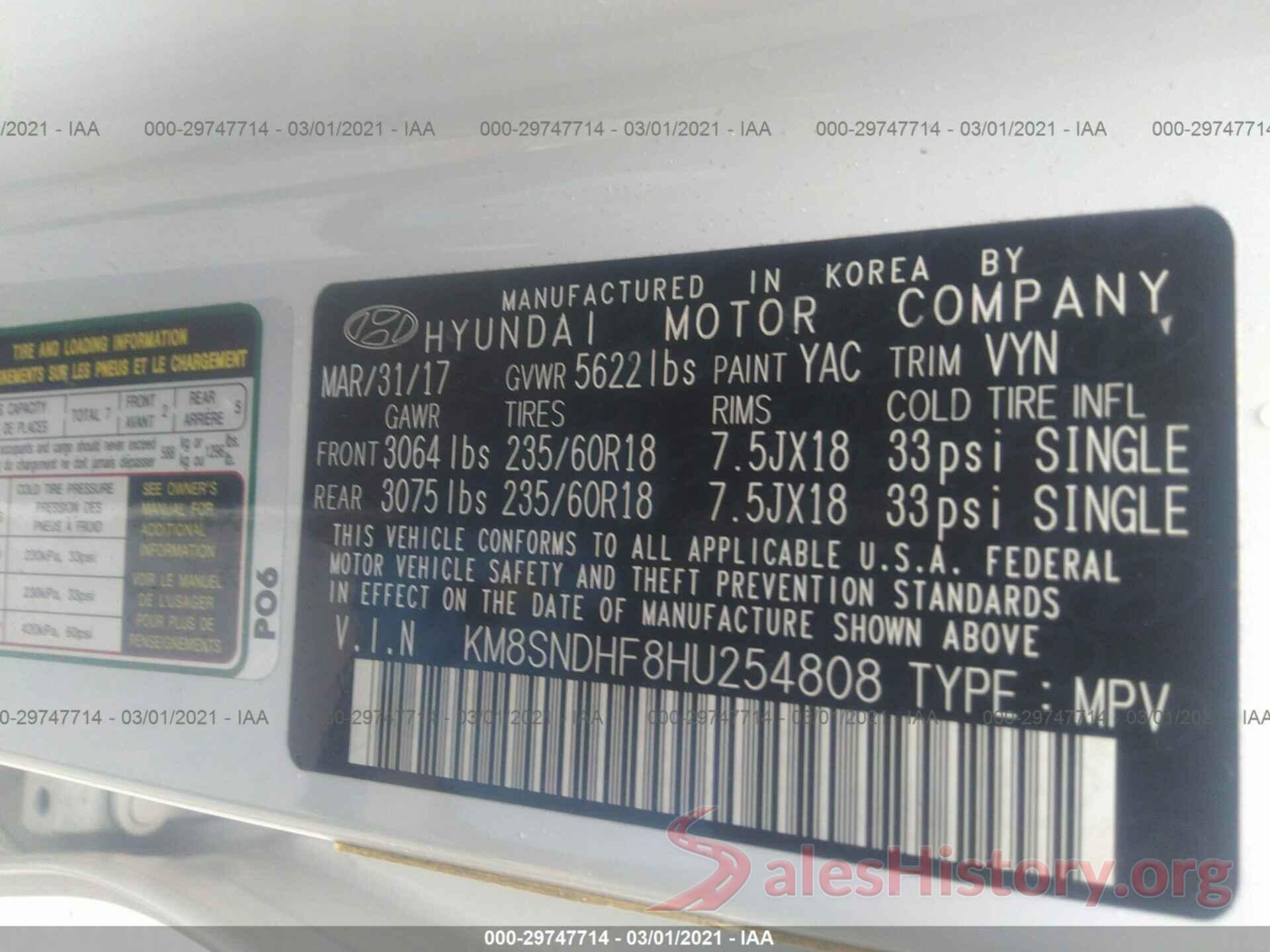 KM8SNDHF8HU254808 2017 HYUNDAI SANTA FE