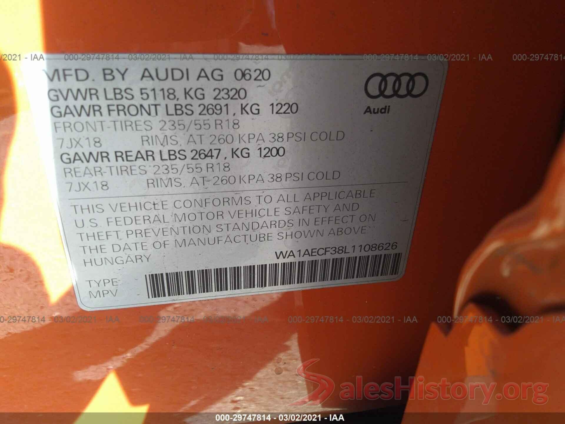 WA1AECF38L1108626 2020 AUDI Q3