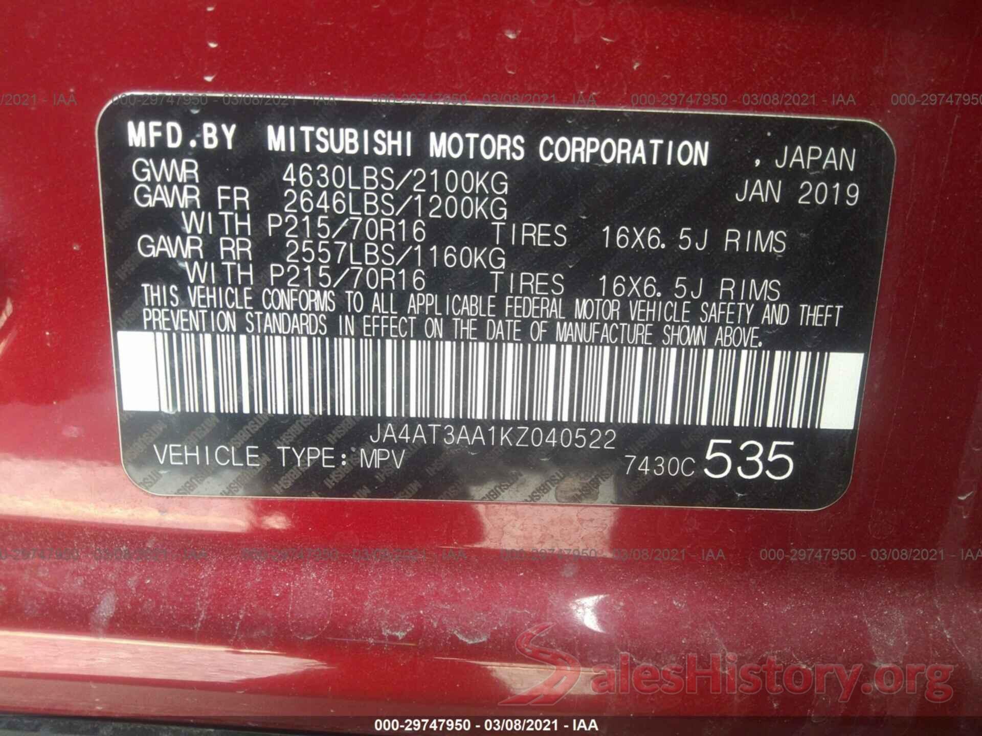 JA4AT3AA1KZ040522 2019 MITSUBISHI ECLIPSE CROSS