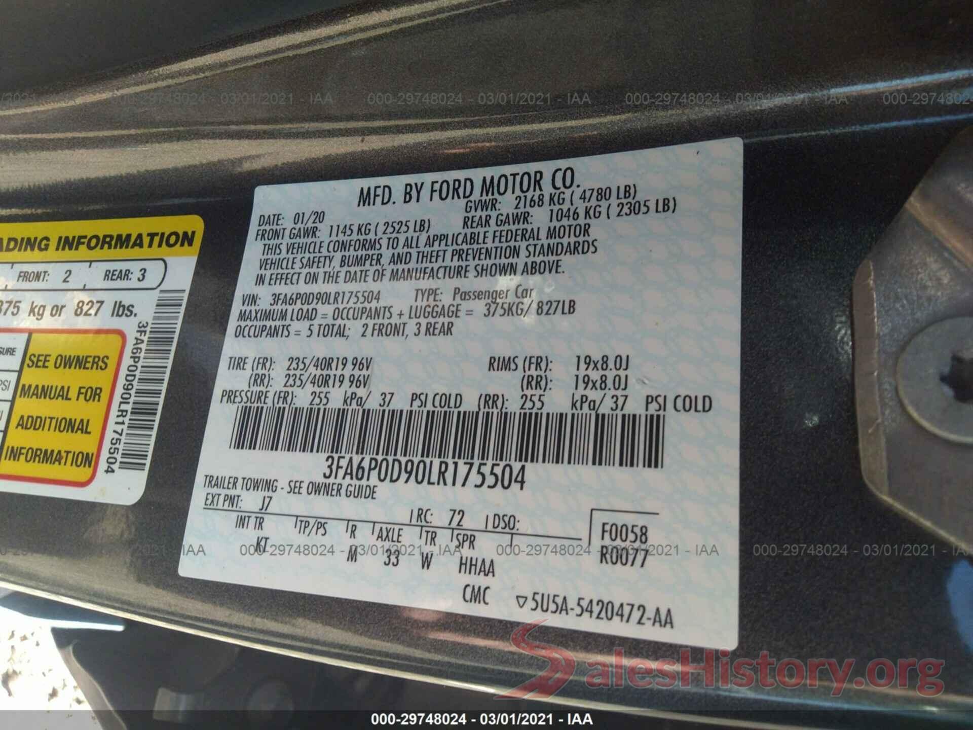 3FA6P0D90LR175504 2020 FORD FUSION