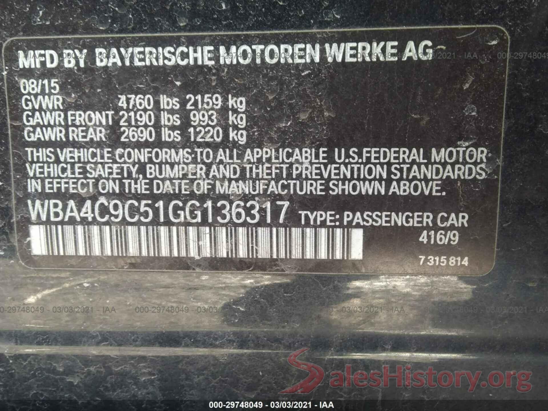 WBA4C9C51GG136317 2016 BMW 4 SERIES