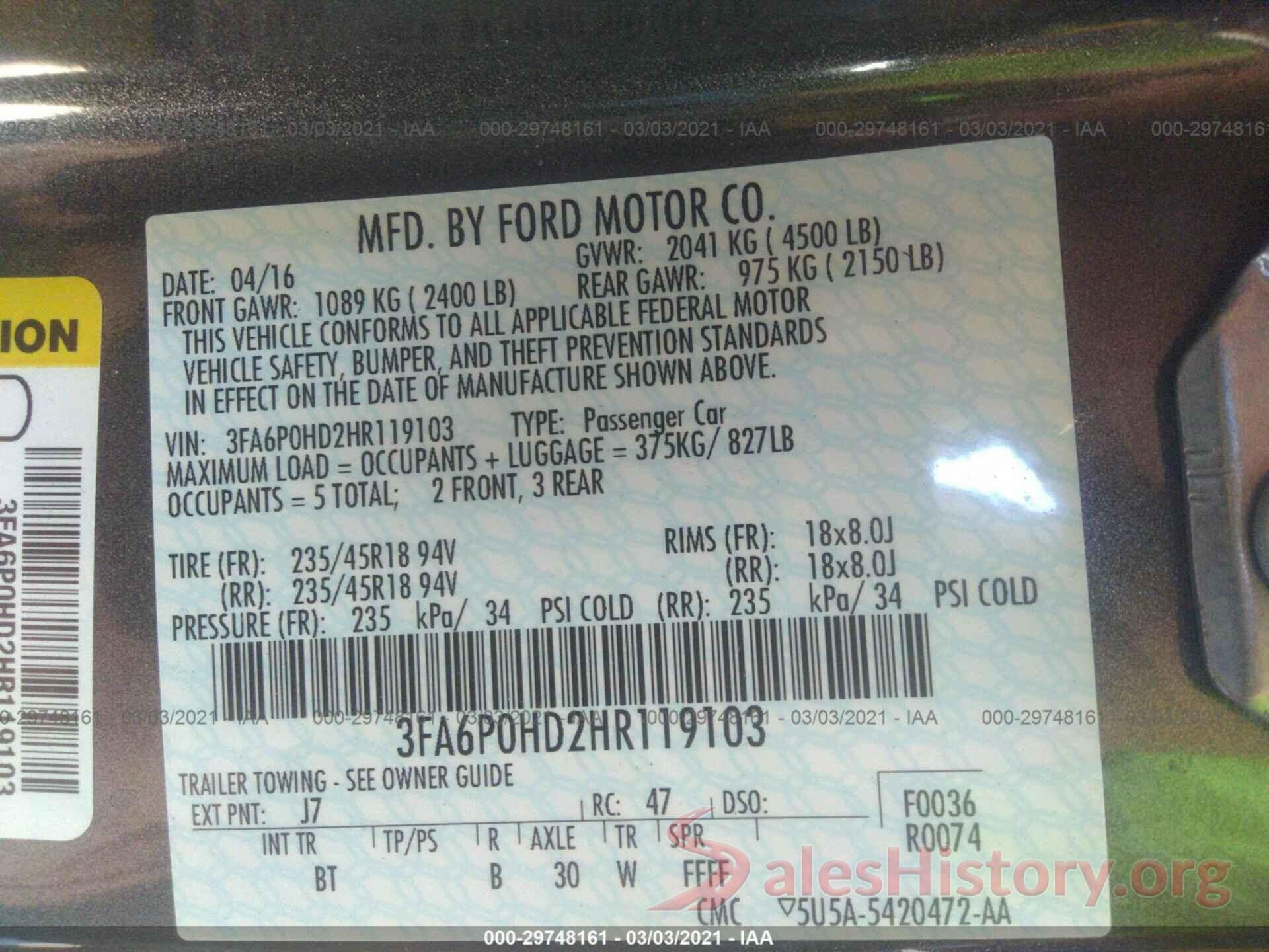 3FA6P0HD2HR119103 2017 FORD FUSION