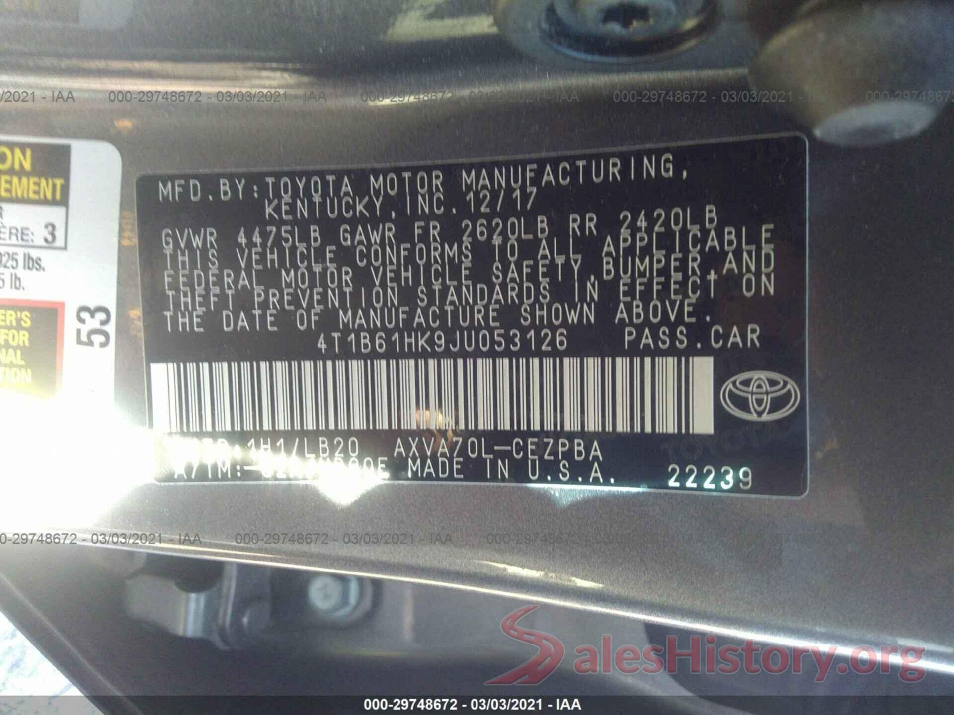 4T1B61HK9JU053126 2018 TOYOTA CAMRY