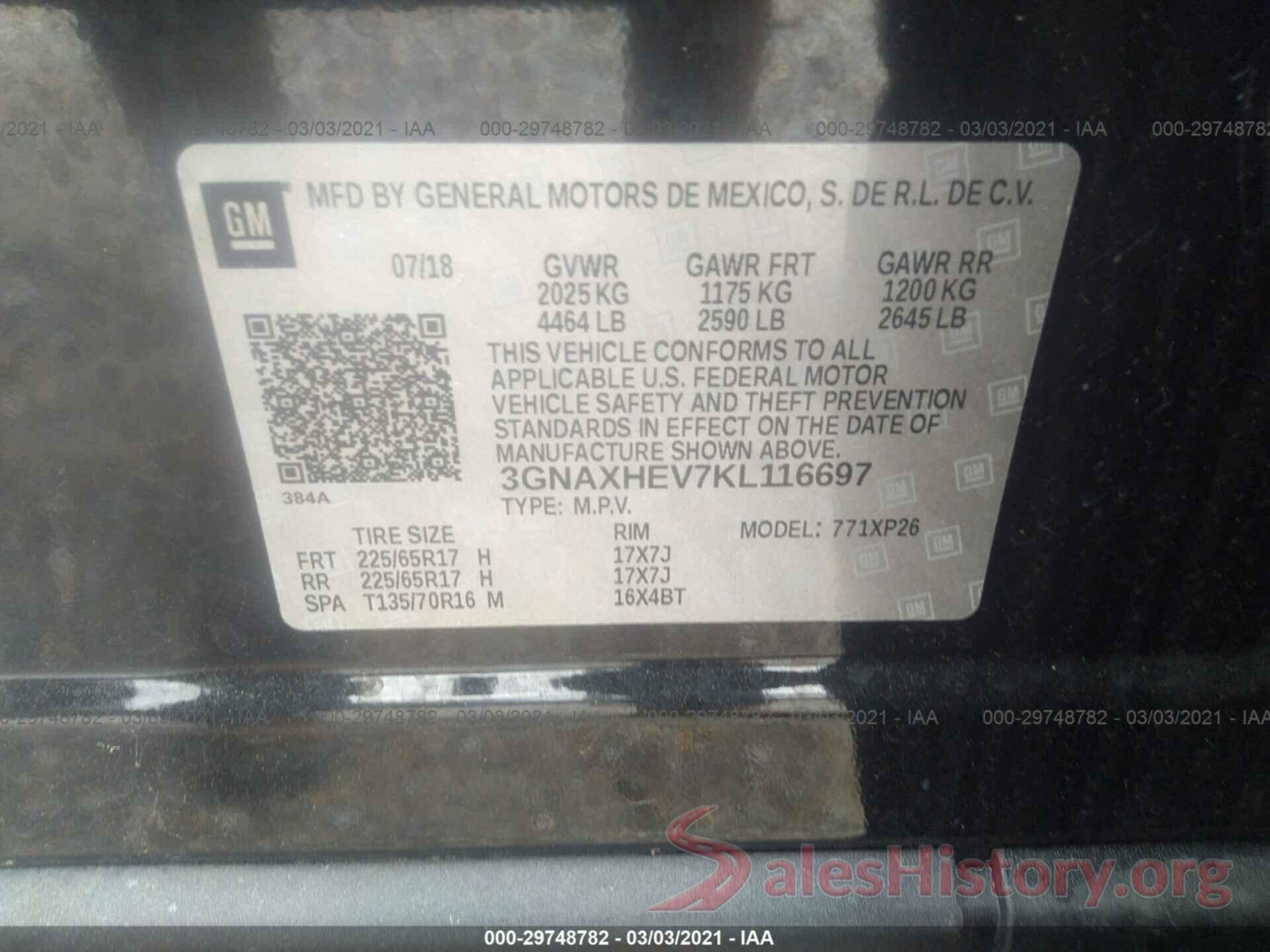 3GNAXHEV7KL116697 2019 CHEVROLET EQUINOX