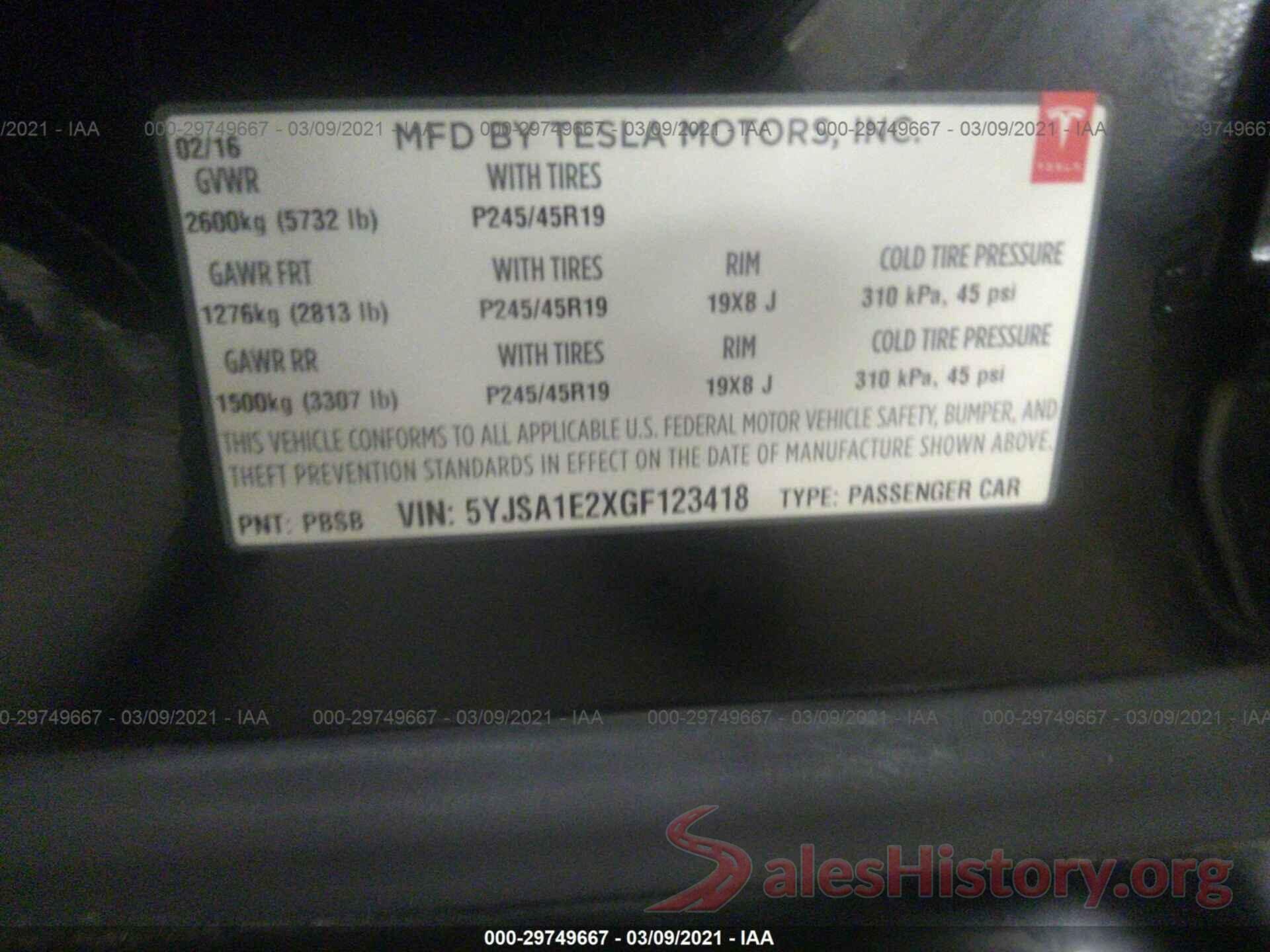 5YJSA1E2XGF123418 2016 TESLA MODEL S