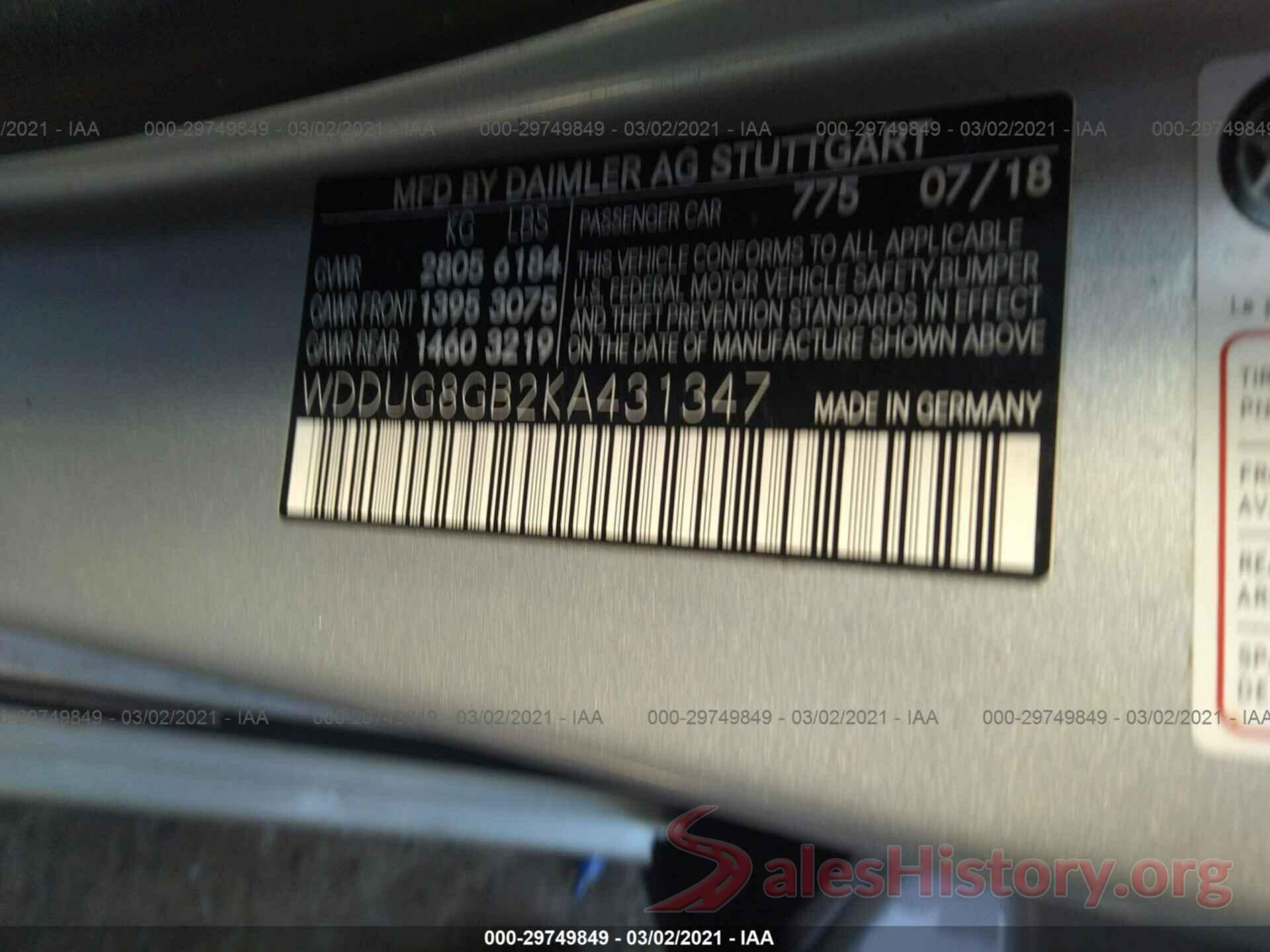 WDDUG8GB2KA431347 2019 MERCEDES-BENZ S-CLASS