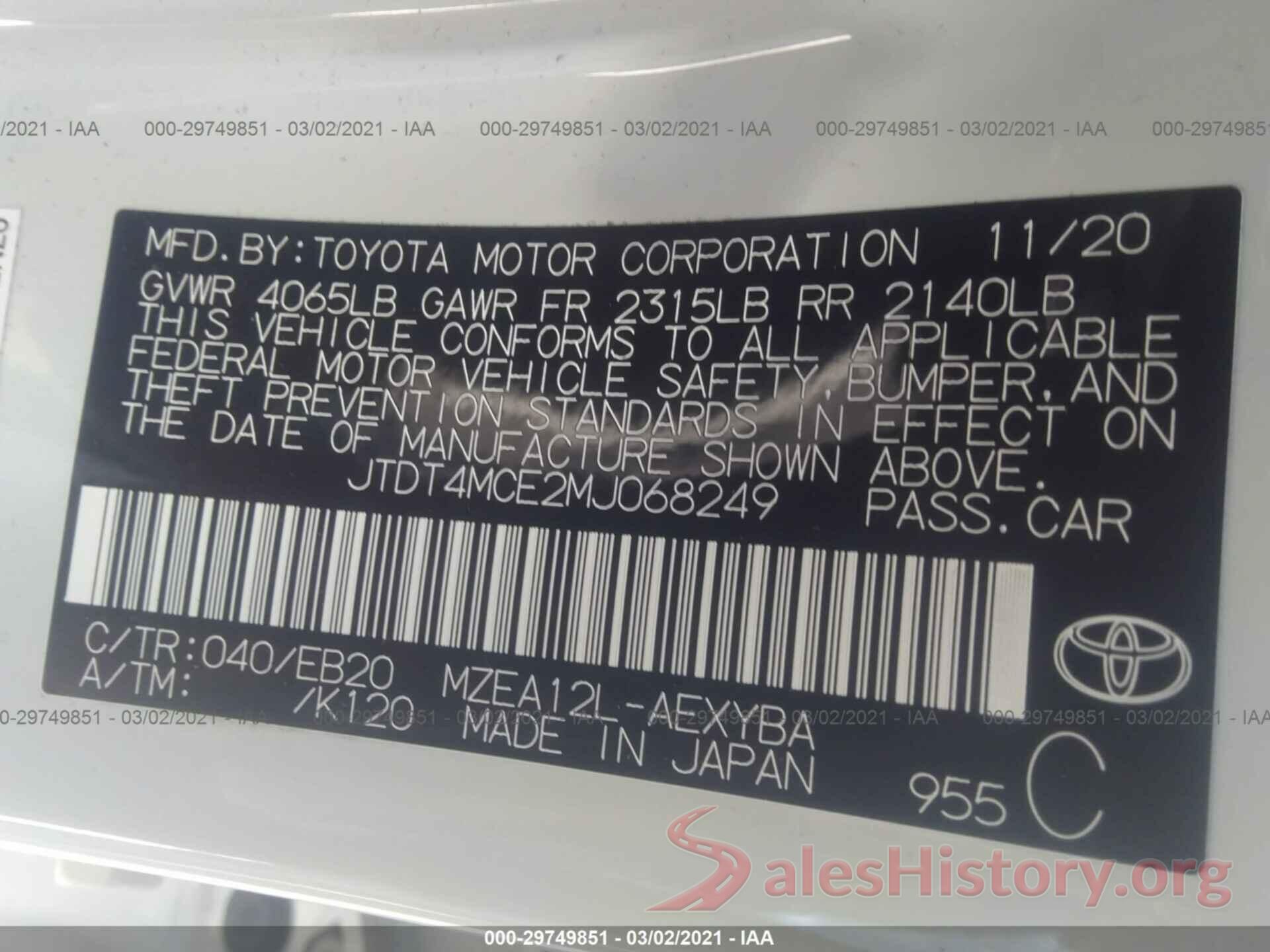 JTDT4MCE2MJ068249 2021 TOYOTA COROLLA