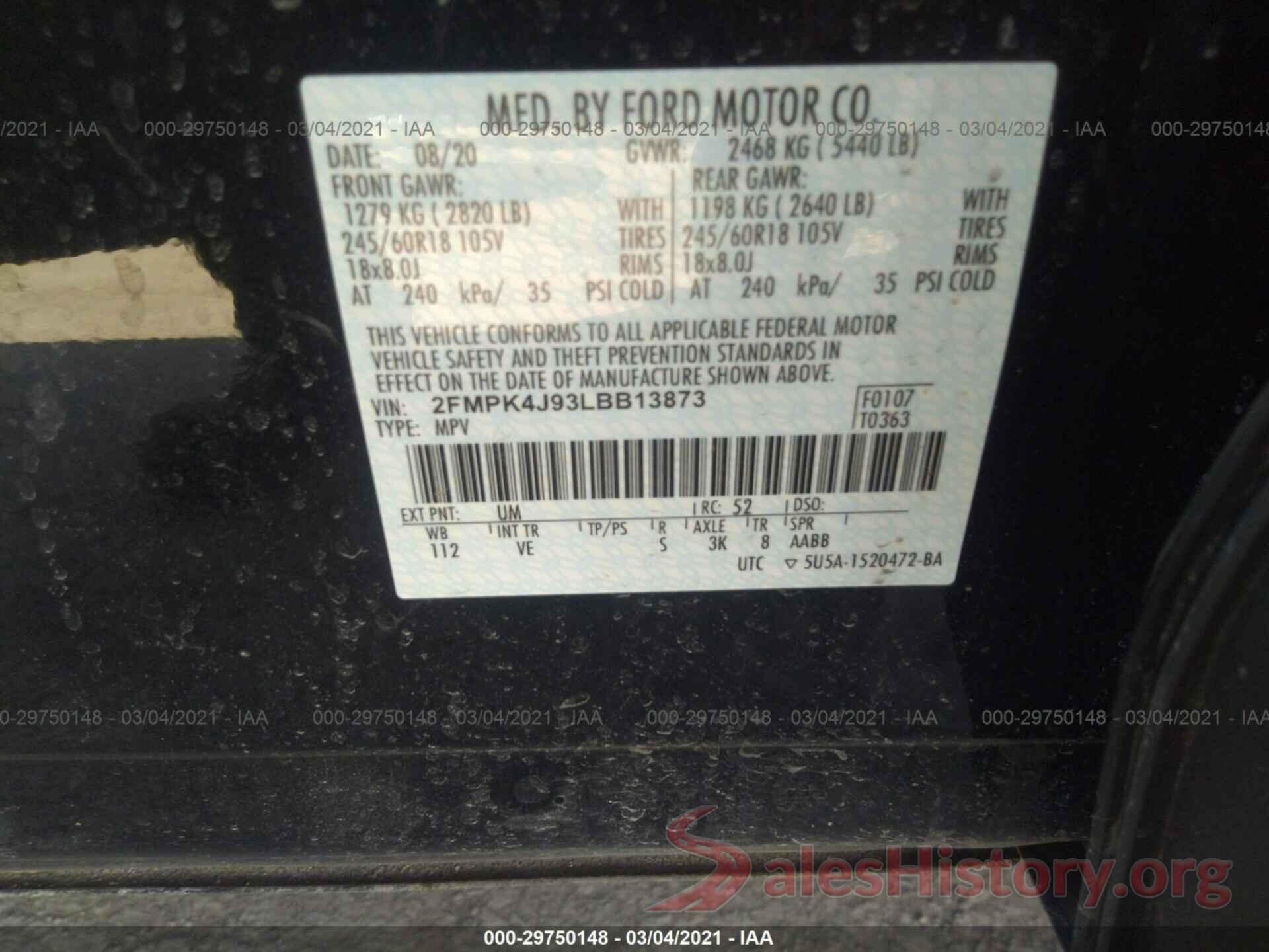 2FMPK4J93LBB13873 2020 FORD EDGE