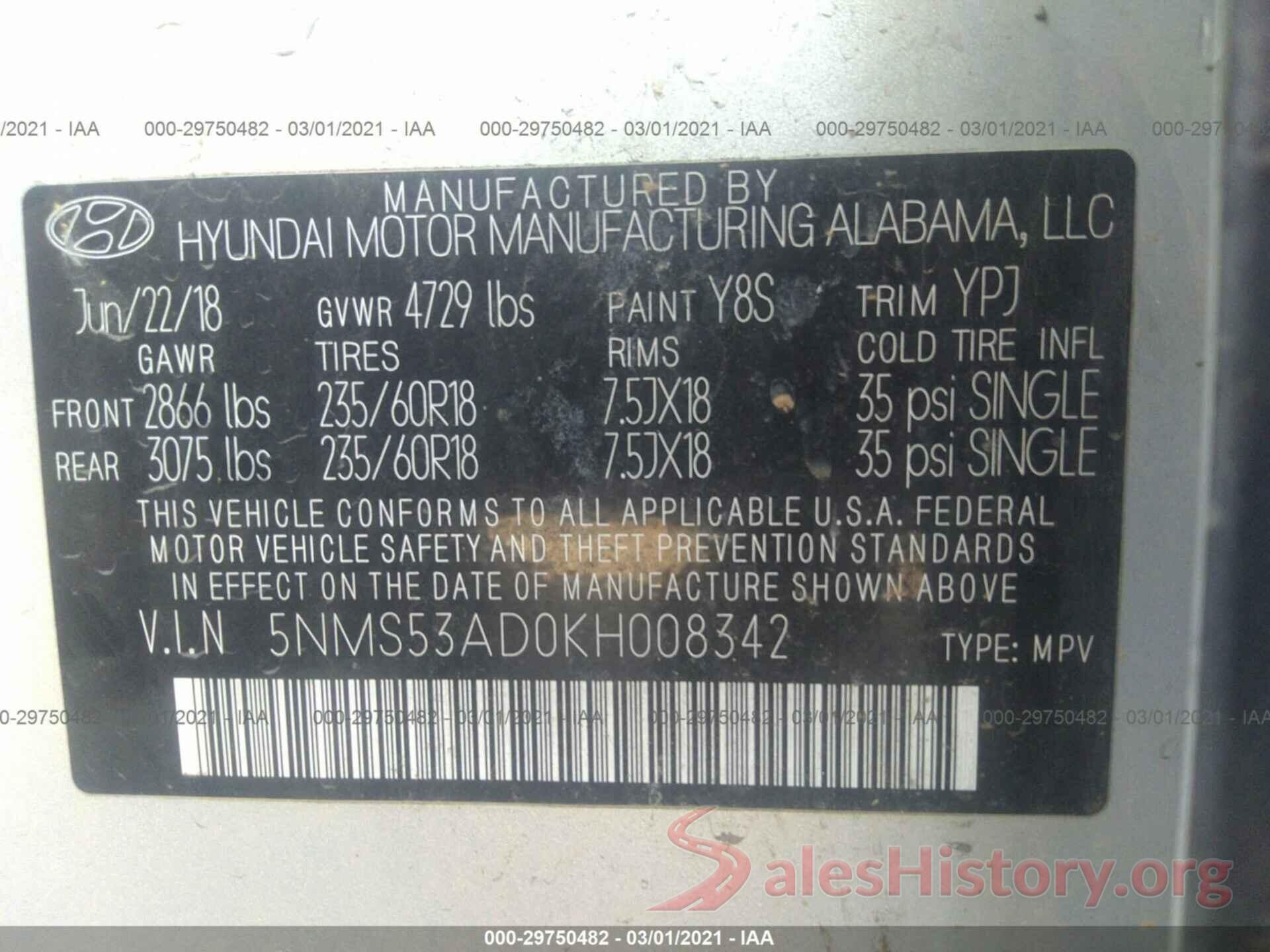 5NMS53AD0KH008342 2019 HYUNDAI SANTA FE