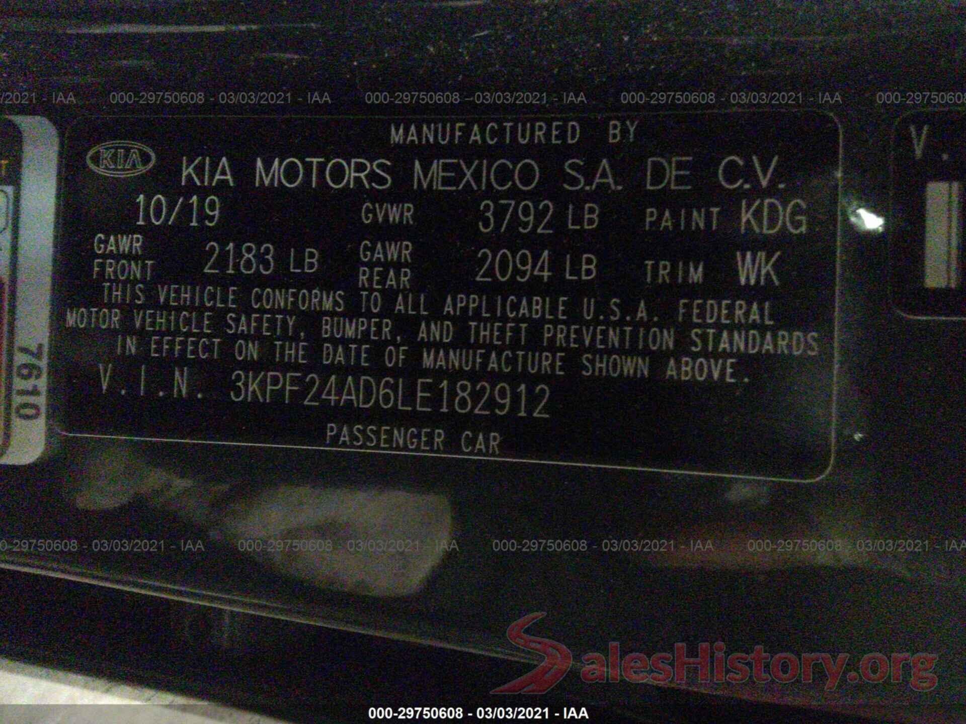 3KPF24AD6LE182912 2020 KIA FORTE