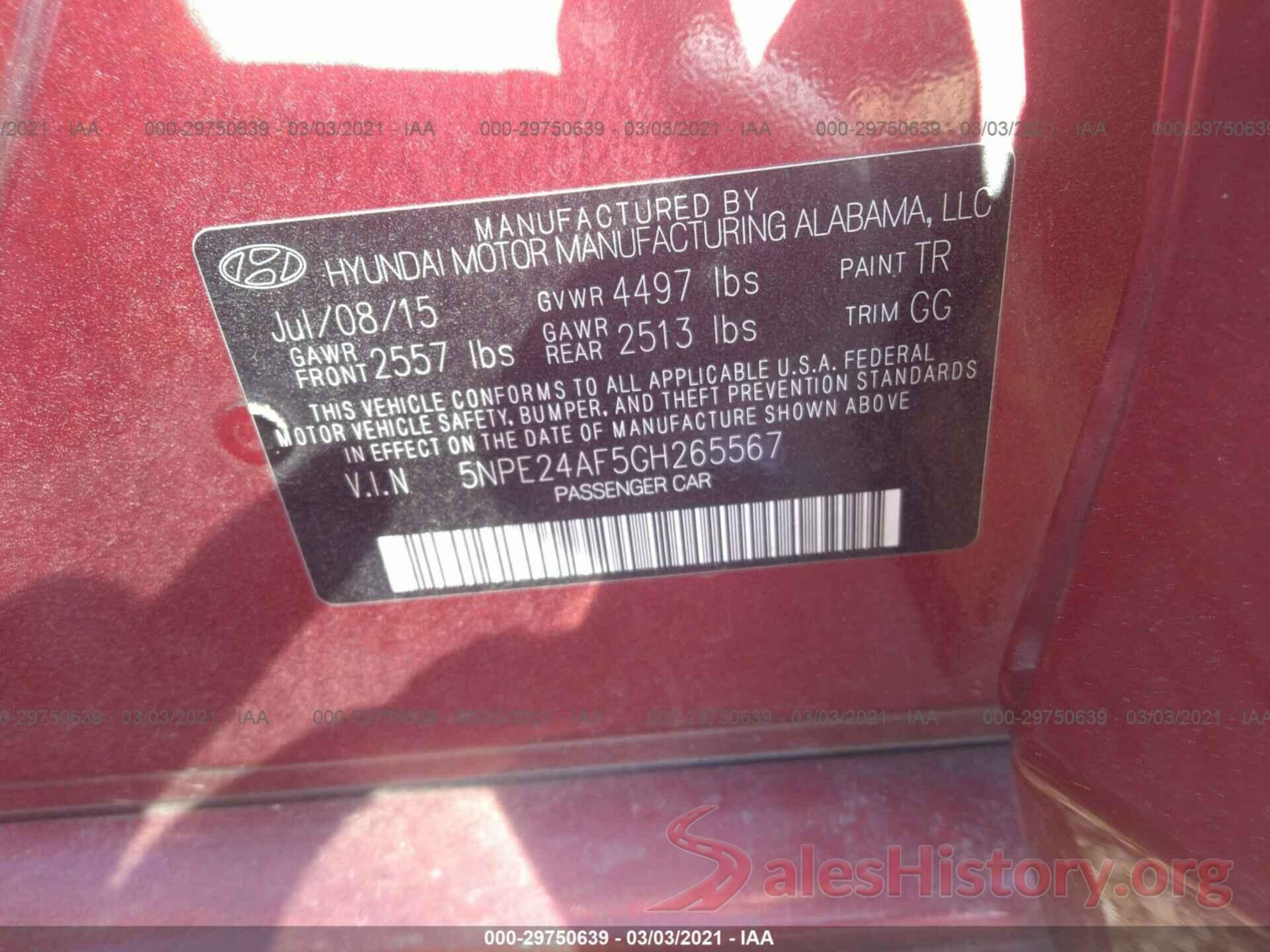 5NPE24AF5GH265567 2016 HYUNDAI SONATA