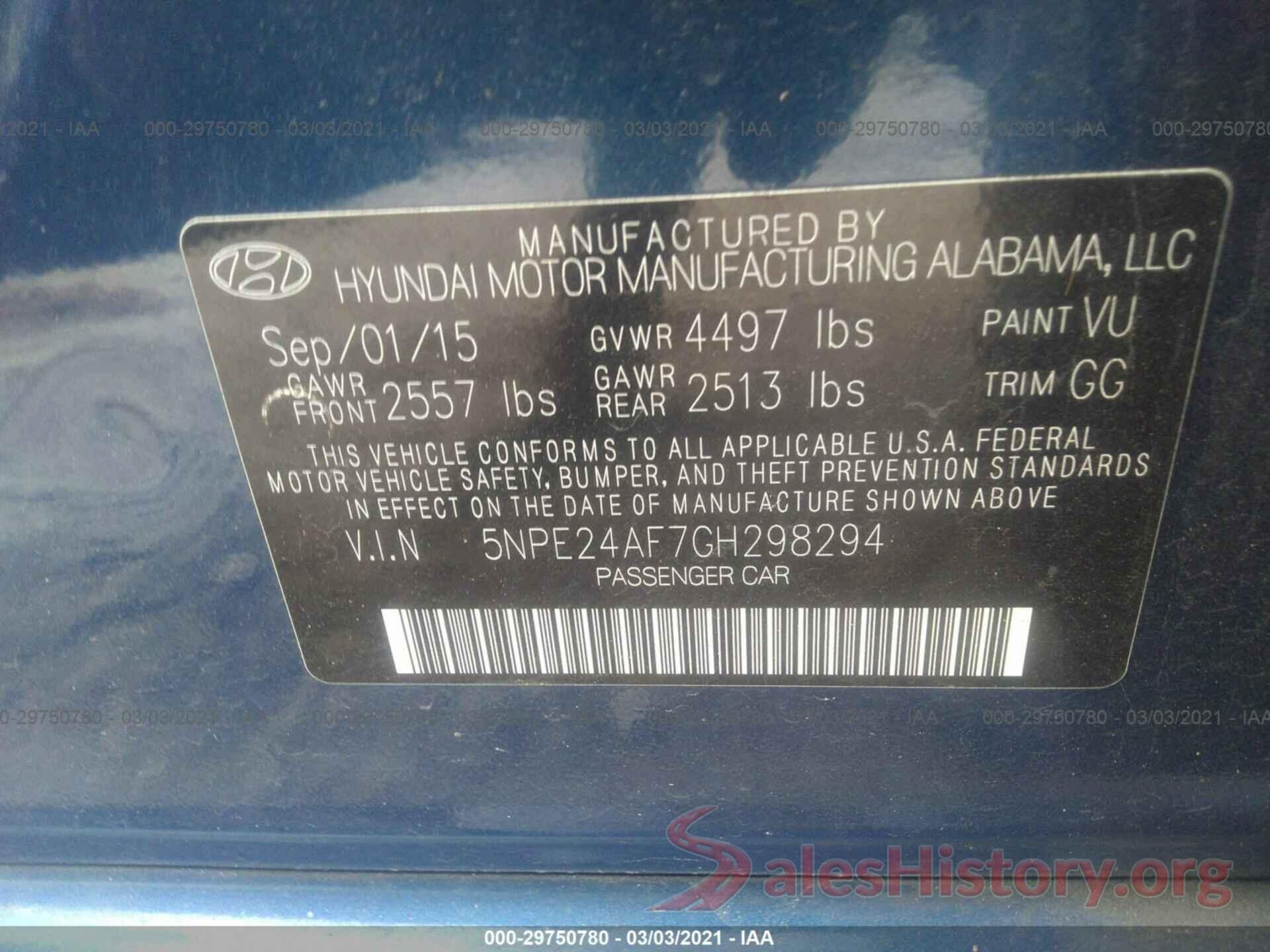 5NPE24AF7GH298294 2016 HYUNDAI SONATA