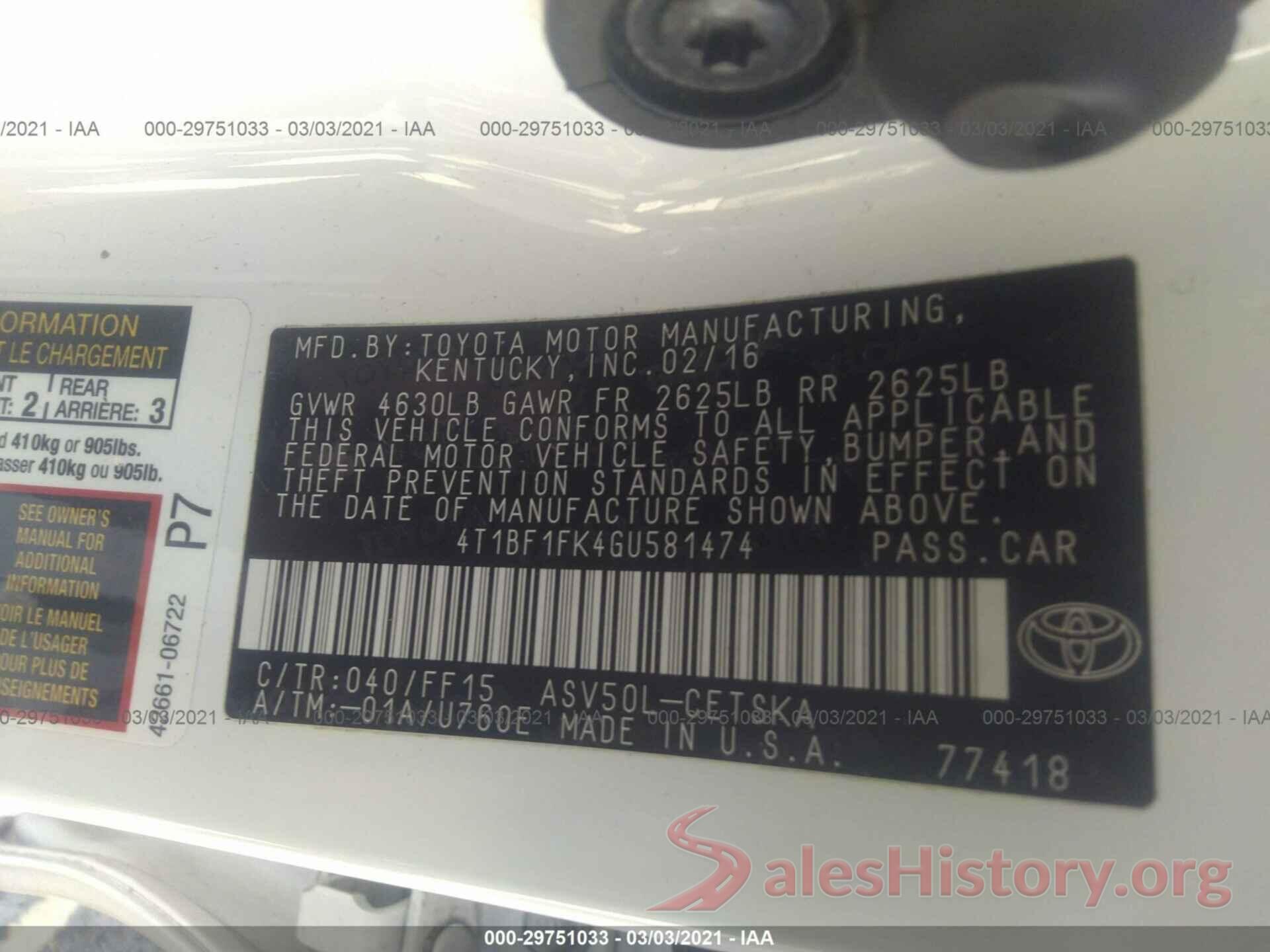 4T1BF1FK4GU581474 2016 TOYOTA CAMRY