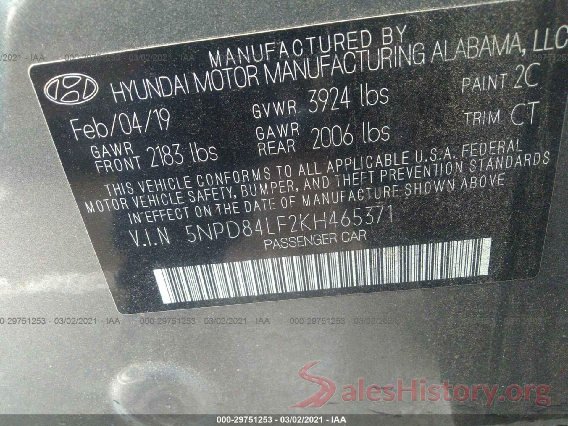 5NPD84LF2KH465371 2019 HYUNDAI ELANTRA