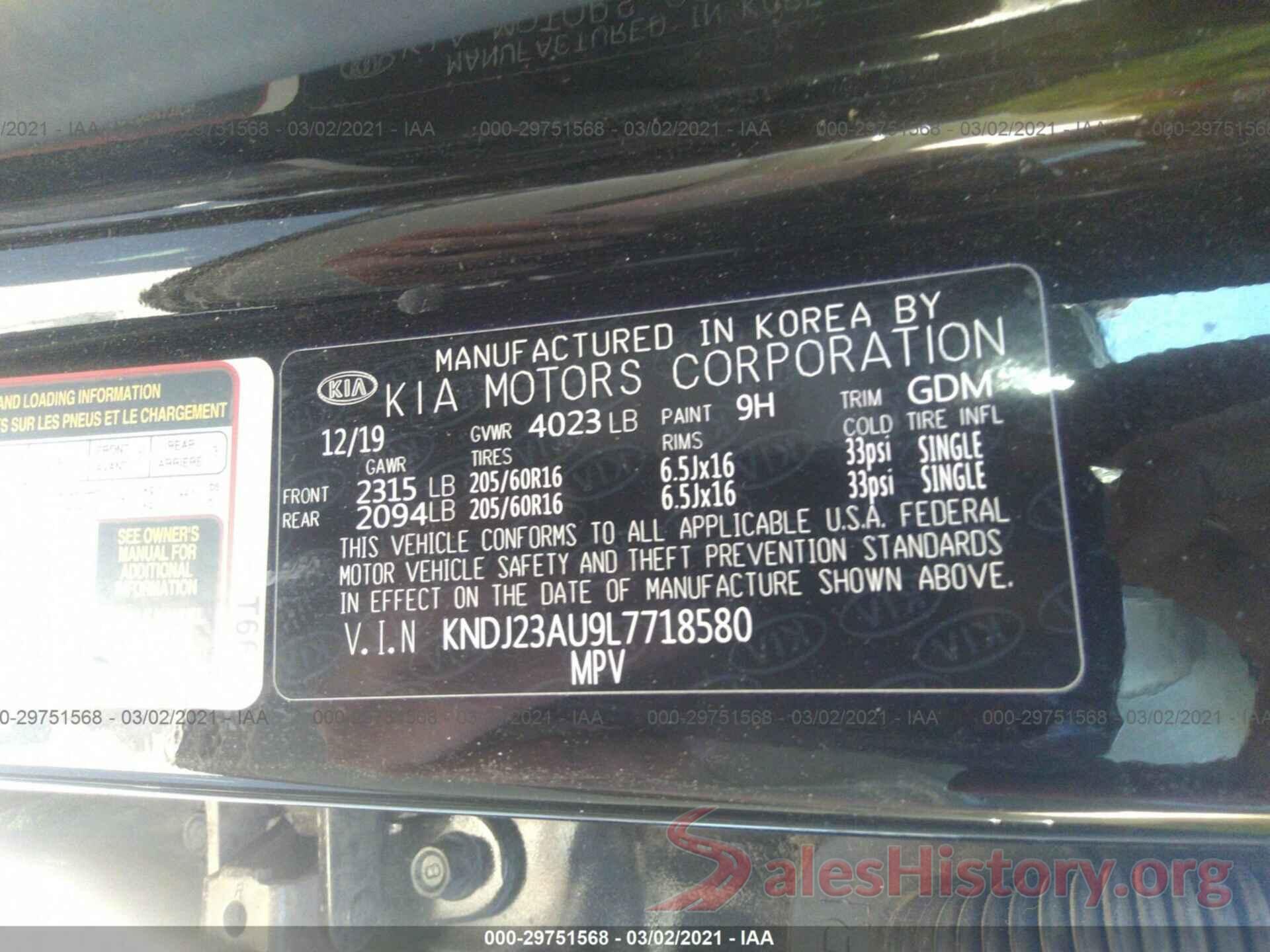 KNDJ23AU9L7718580 2020 KIA SOUL