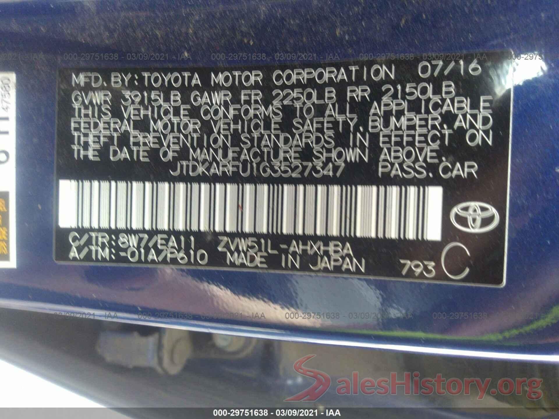 JTDKARFU1G3527347 2016 TOYOTA PRIUS