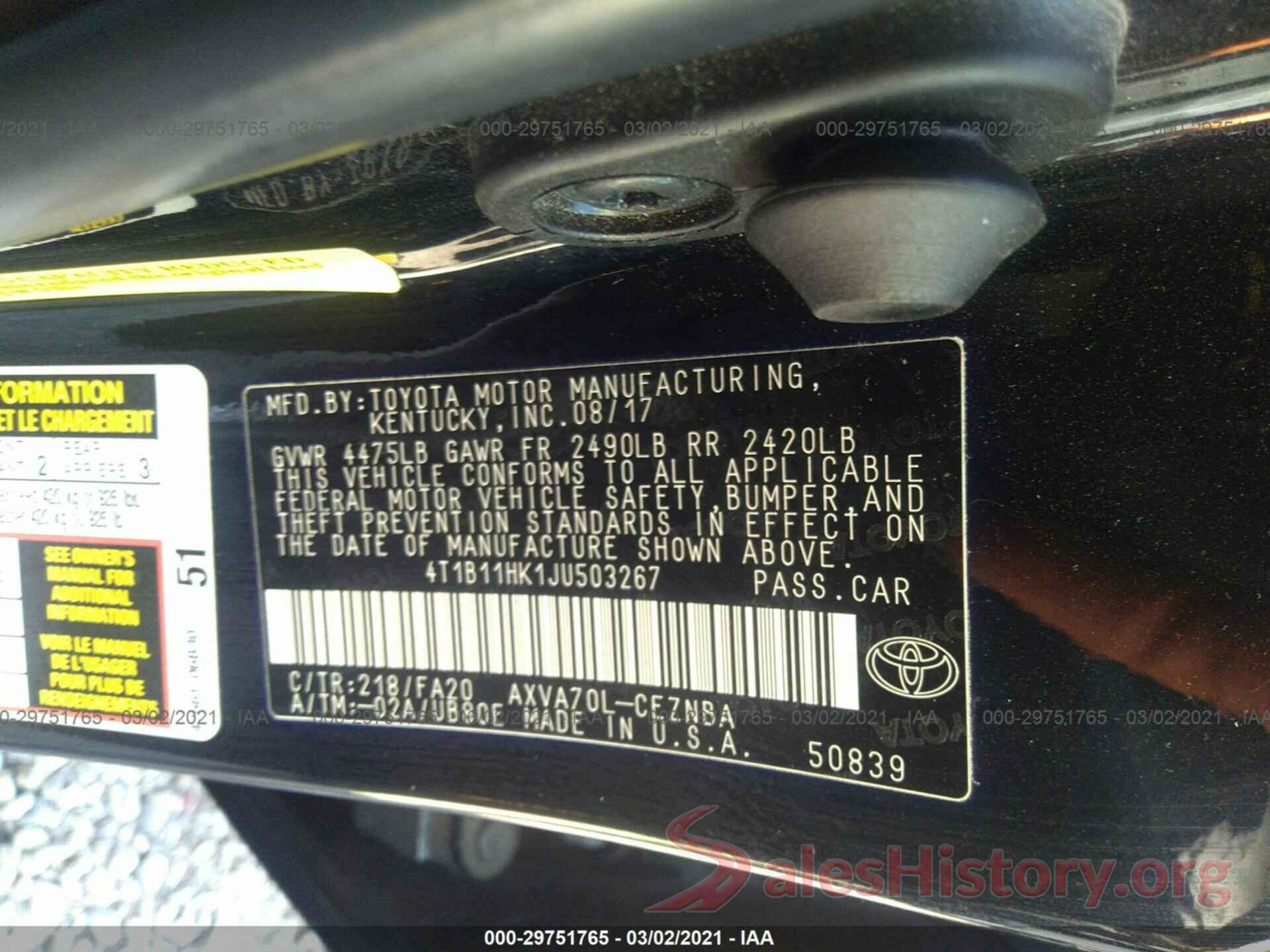 4T1B11HK1JU503267 2018 TOYOTA CAMRY