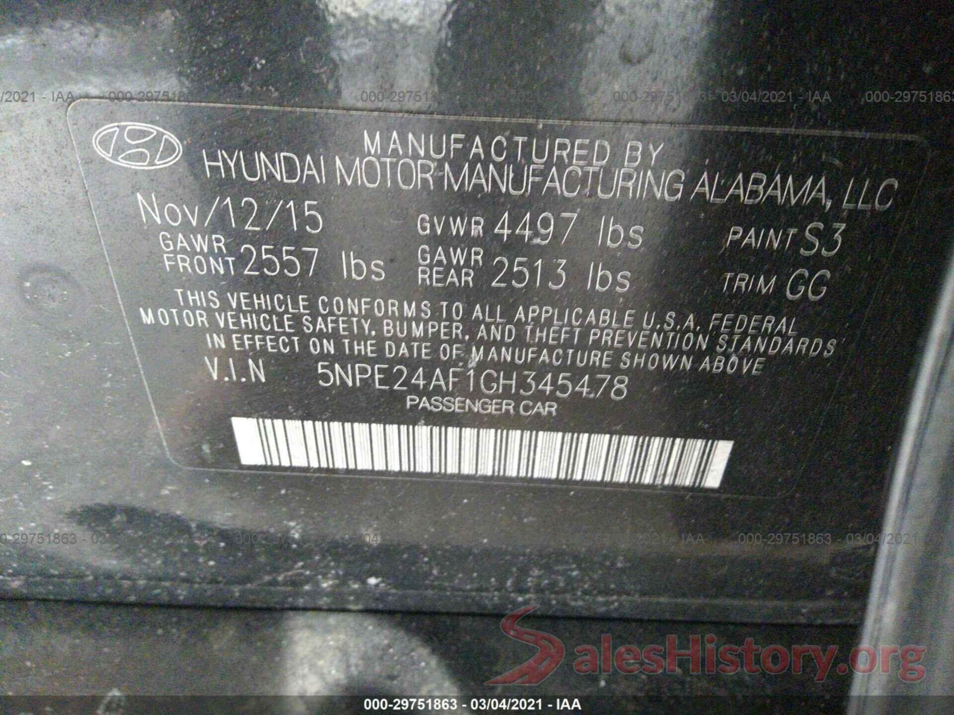 5NPE24AF1GH345478 2016 HYUNDAI SONATA