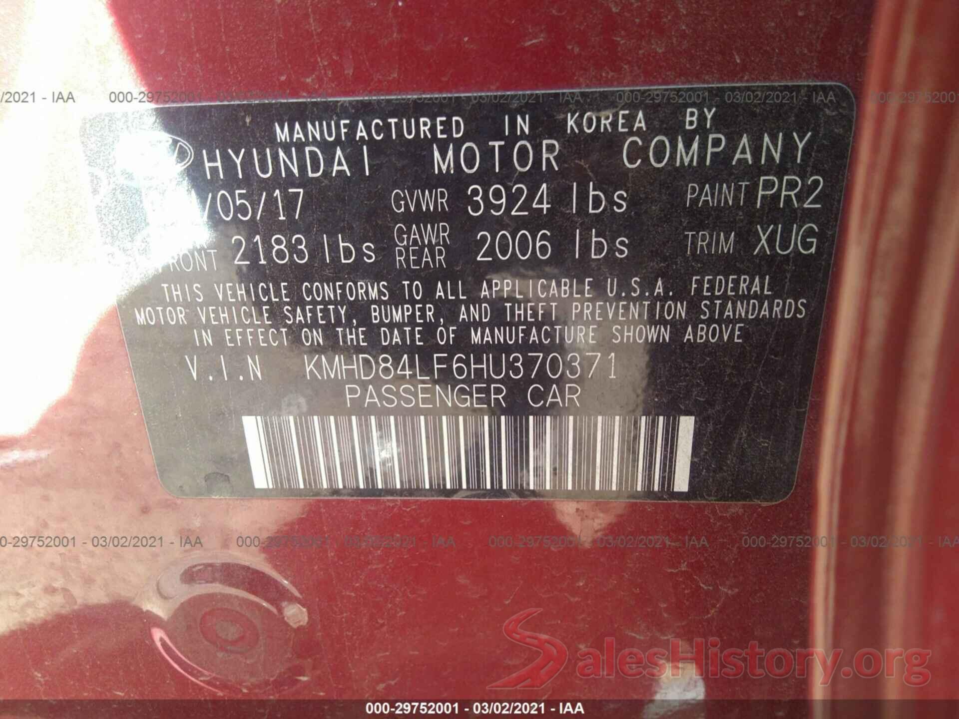 KMHD84LF6HU370371 2017 HYUNDAI ELANTRA