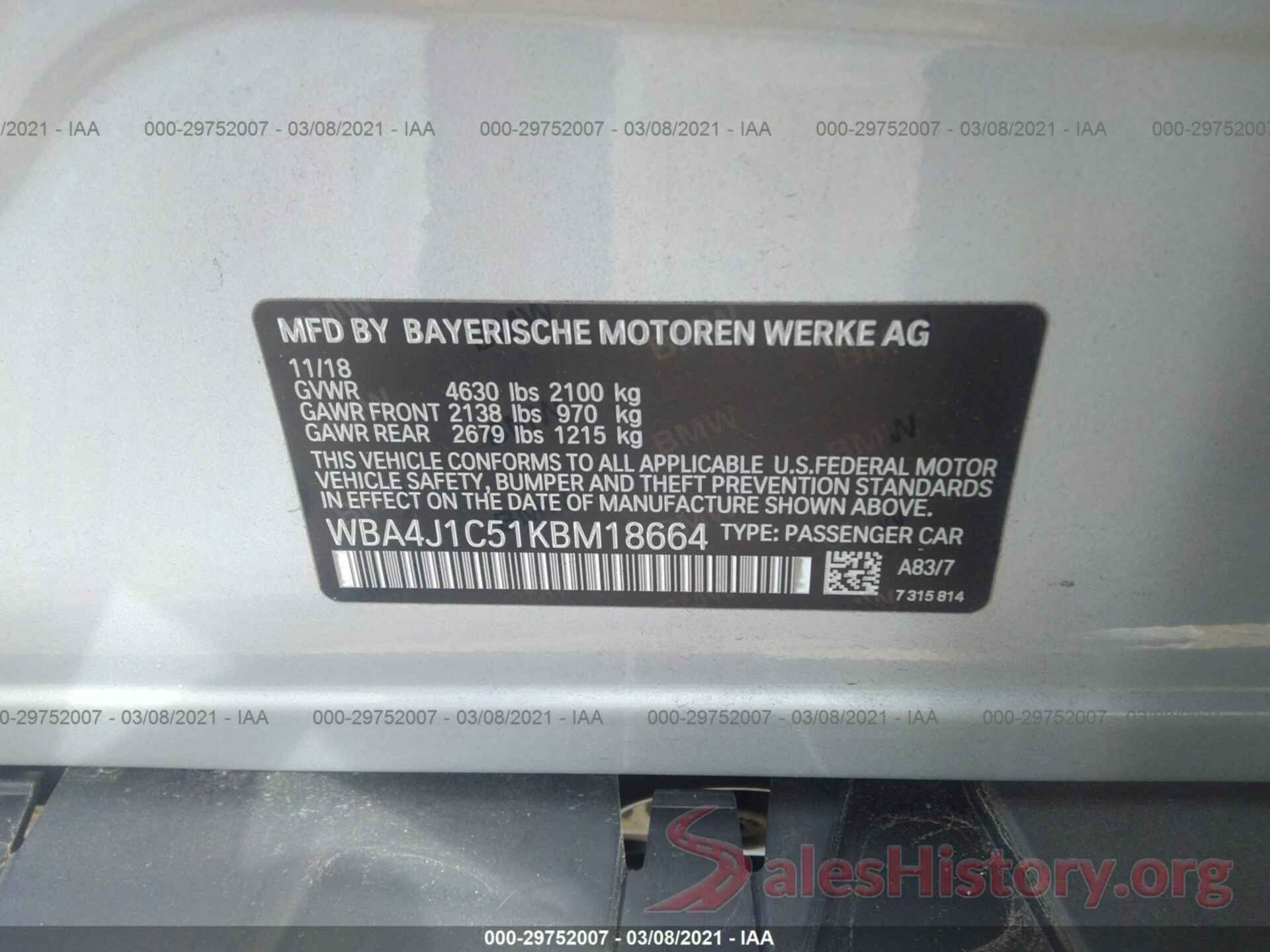 WBA4J1C51KBM18664 2019 BMW 4 SERIES