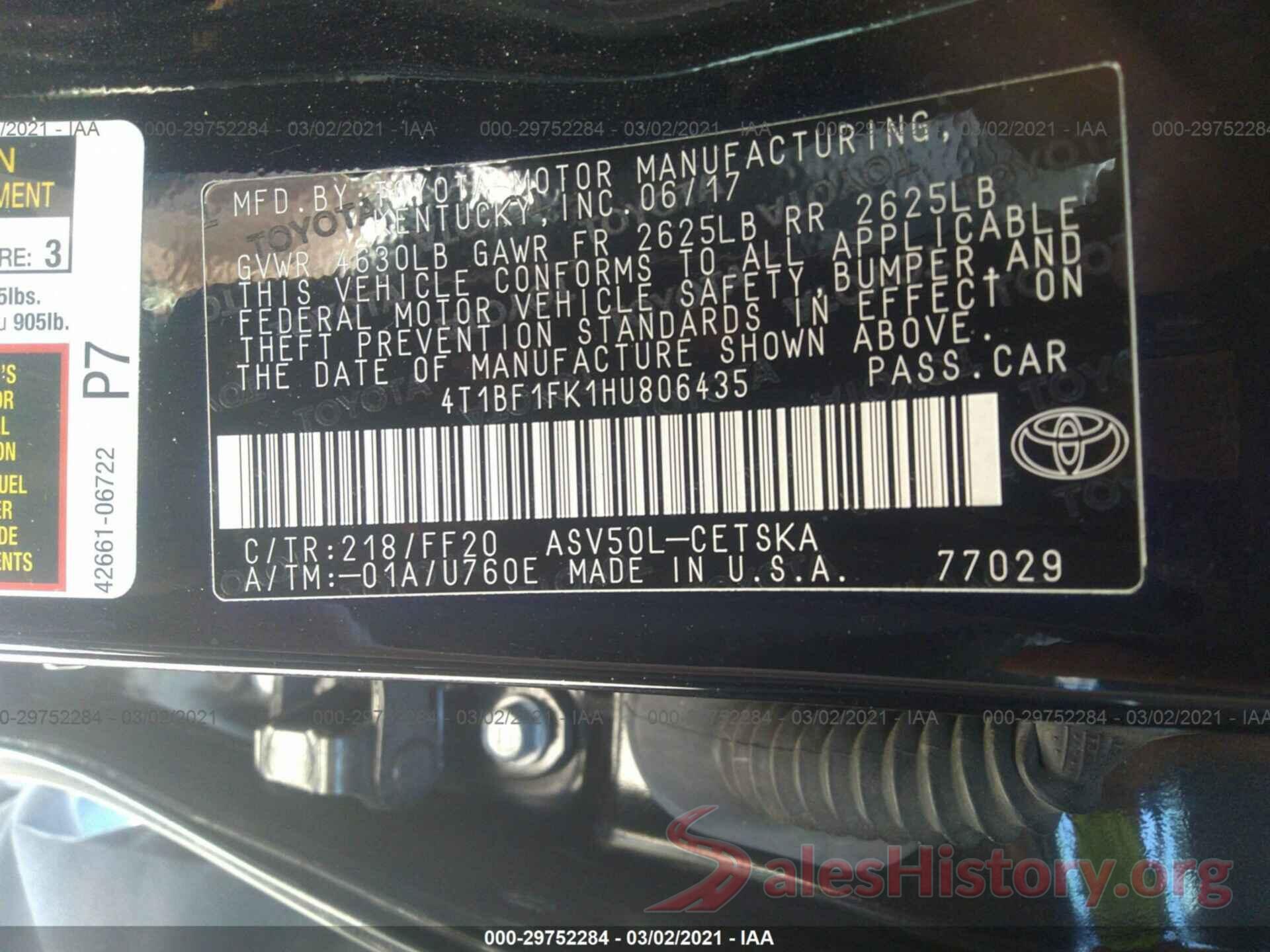 4T1BF1FK1HU806435 2017 TOYOTA CAMRY