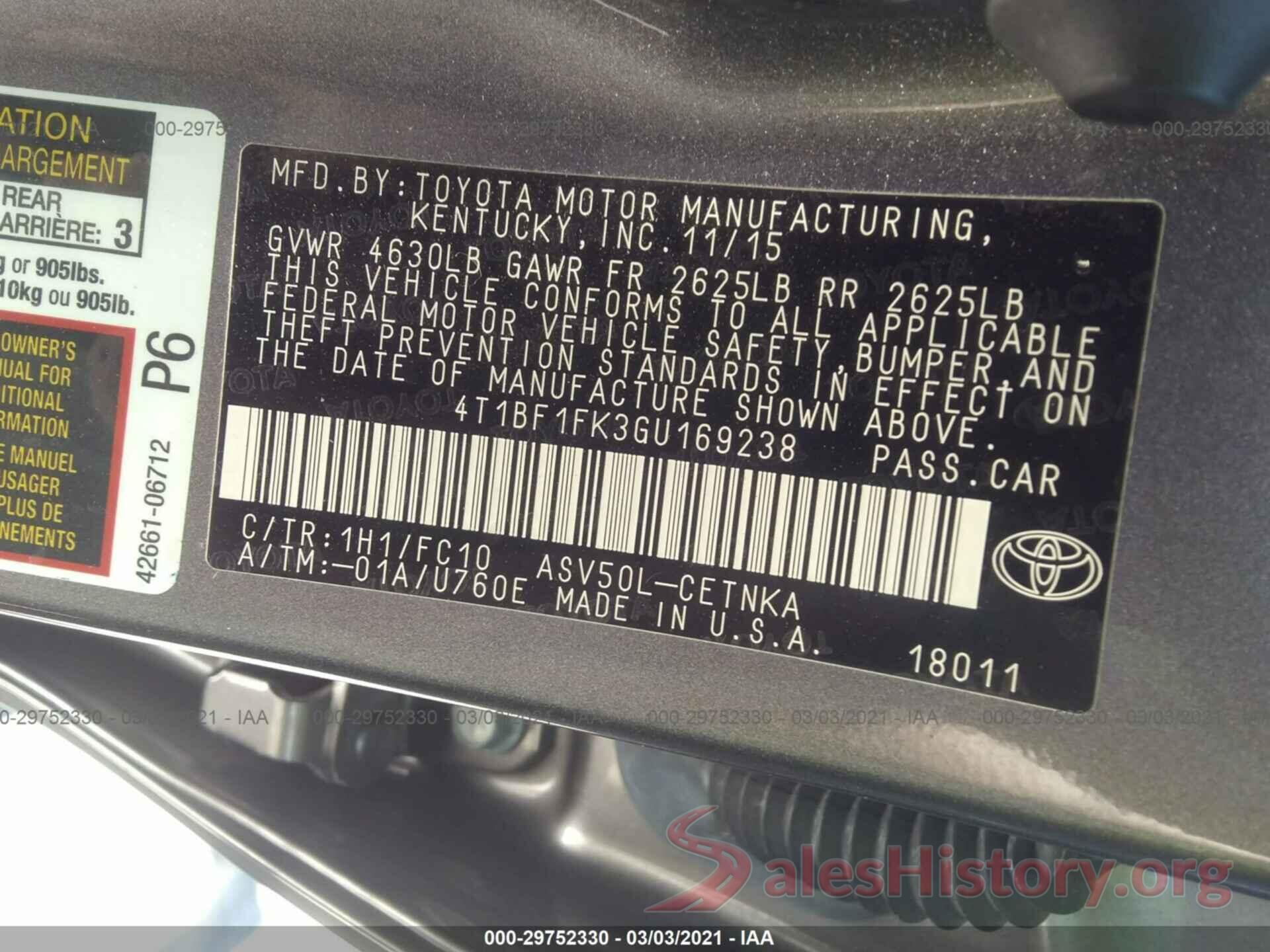 4T1BF1FK3GU169238 2016 TOYOTA CAMRY