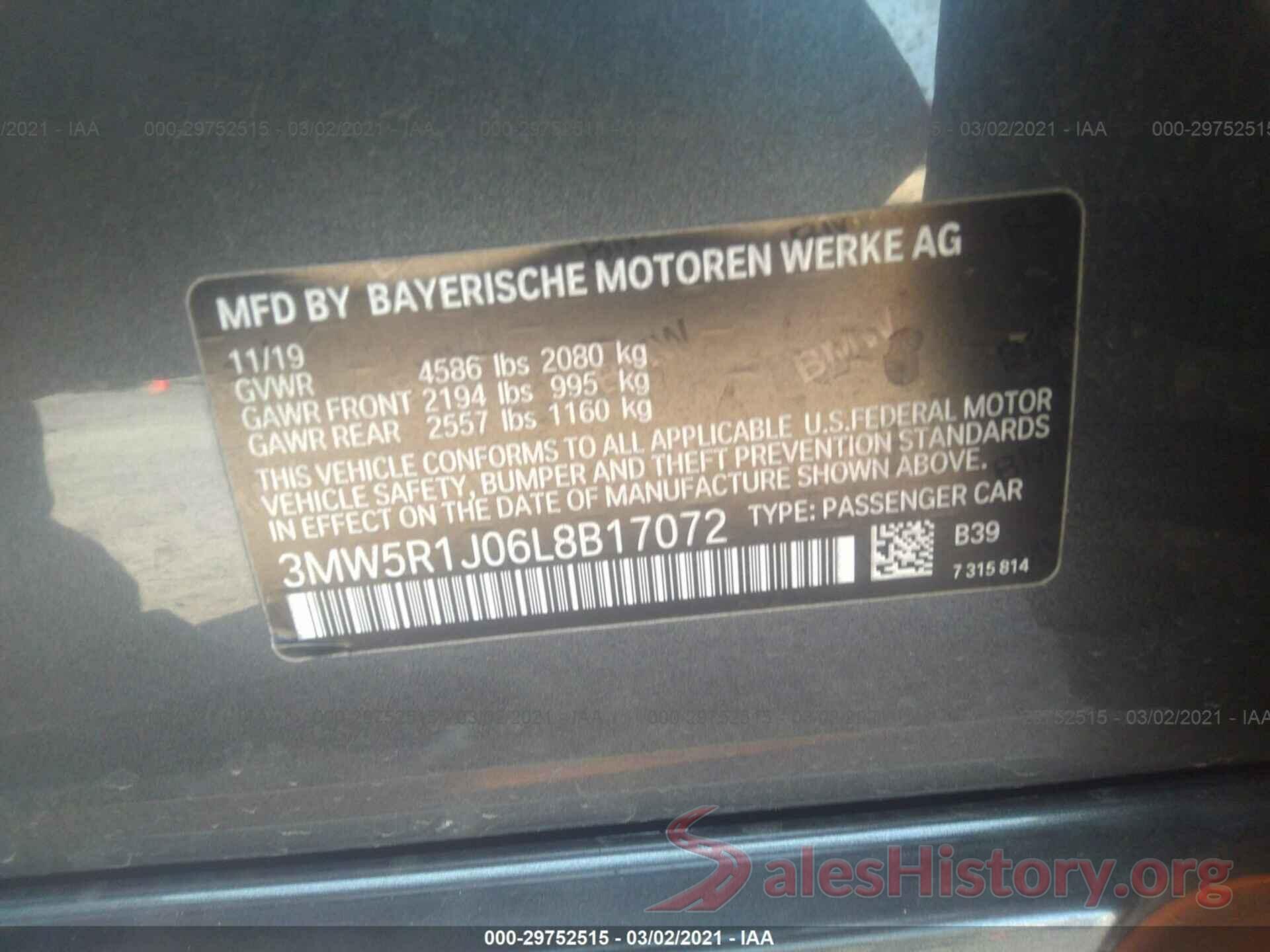 3MW5R1J06L8B17072 2020 BMW 3 SERIES