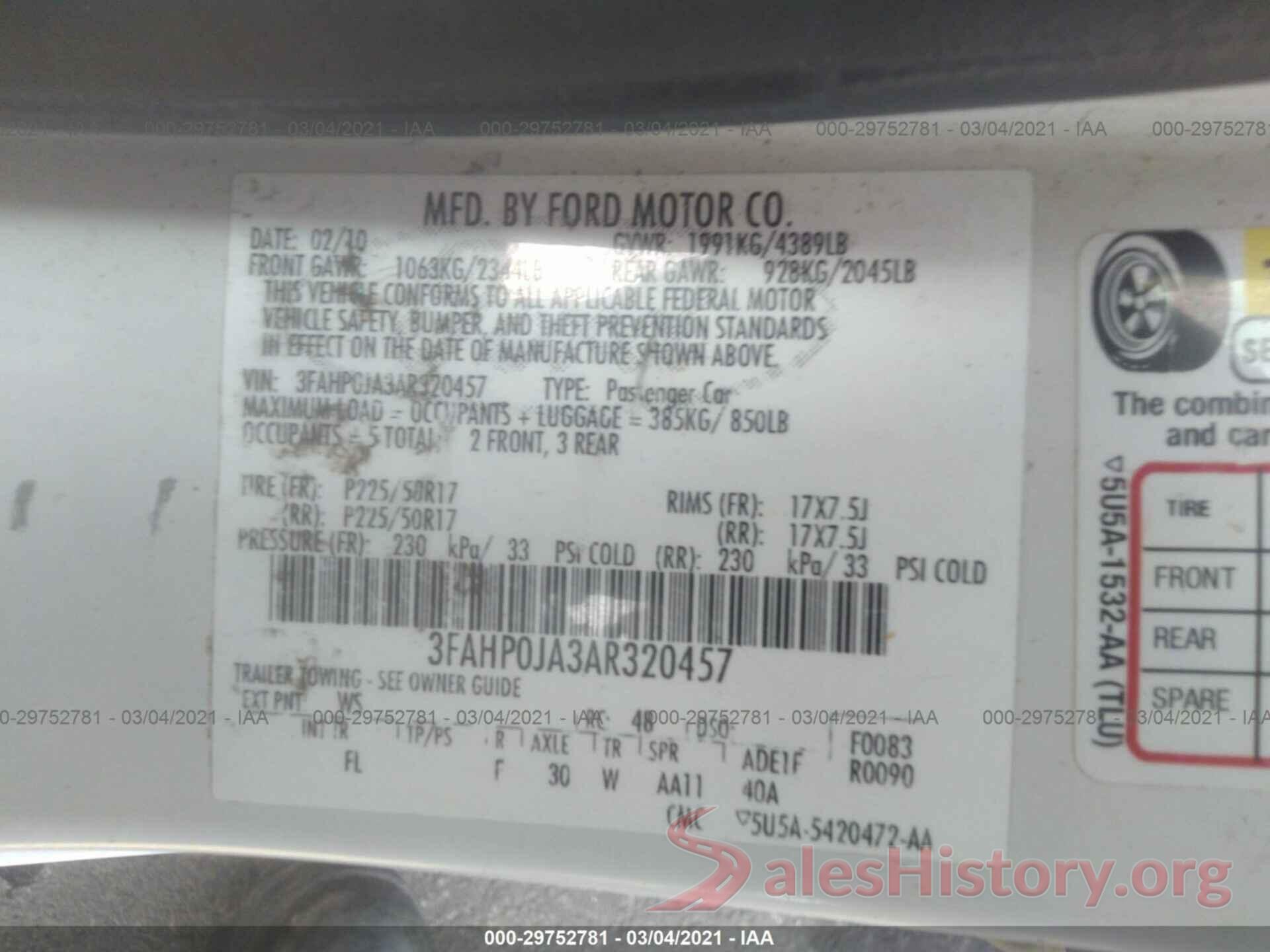 5XYPK4A58GG115153 2010 FORD FUSION