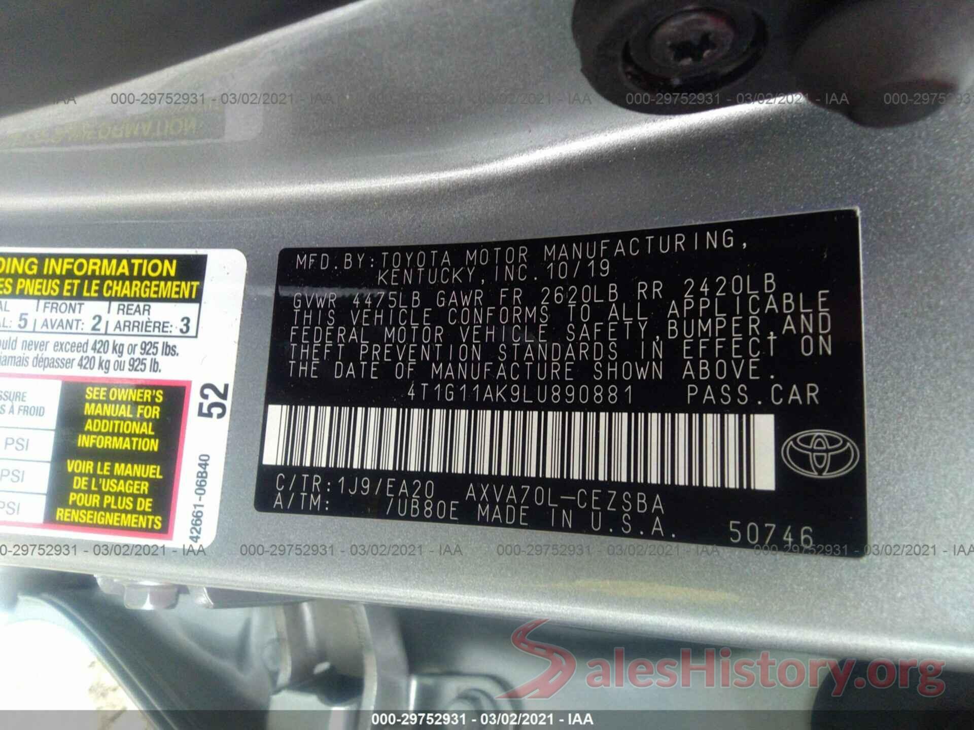 4T1G11AK9LU890881 2020 TOYOTA CAMRY