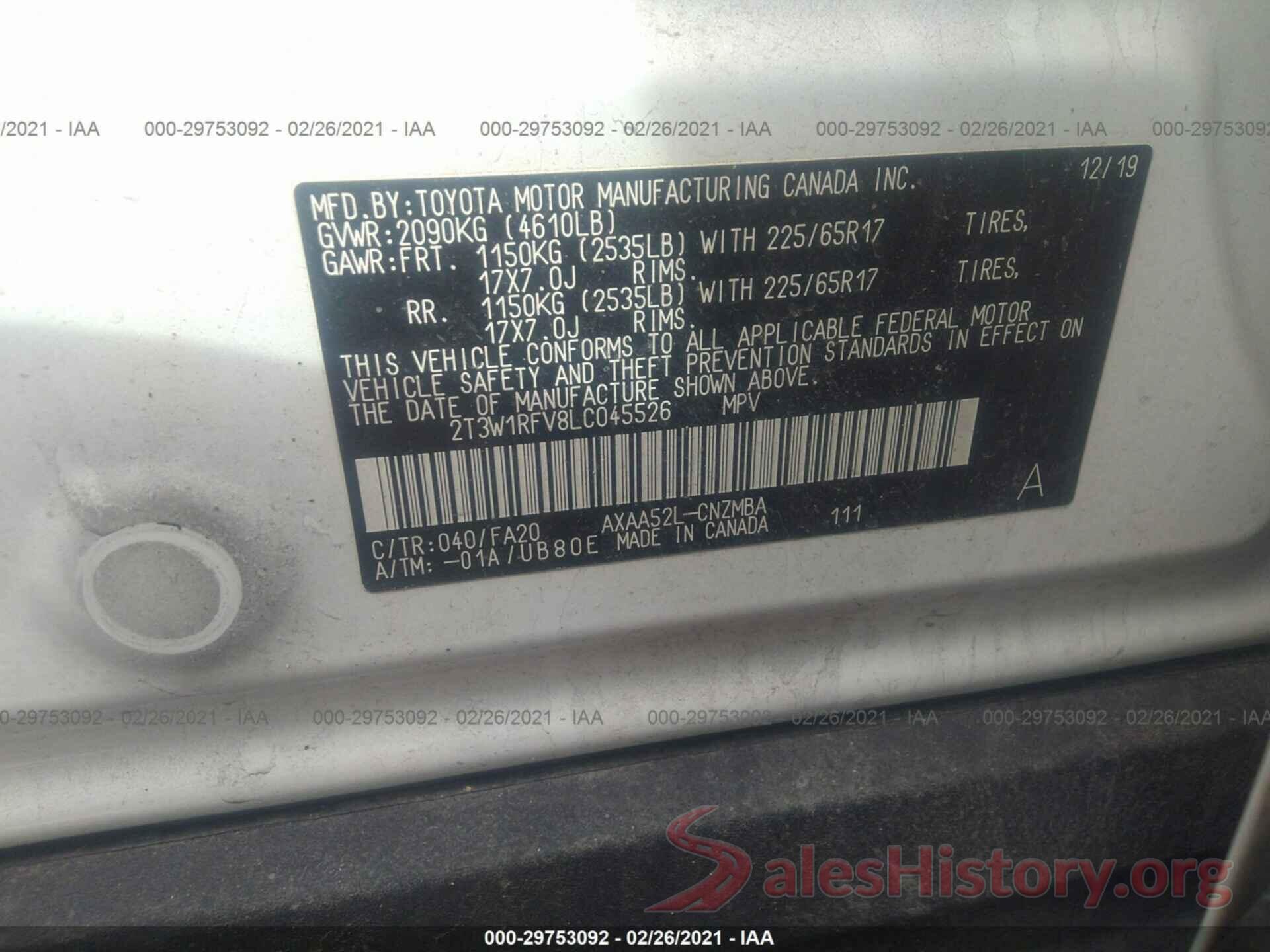 2T3W1RFV8LC045526 2020 TOYOTA RAV4